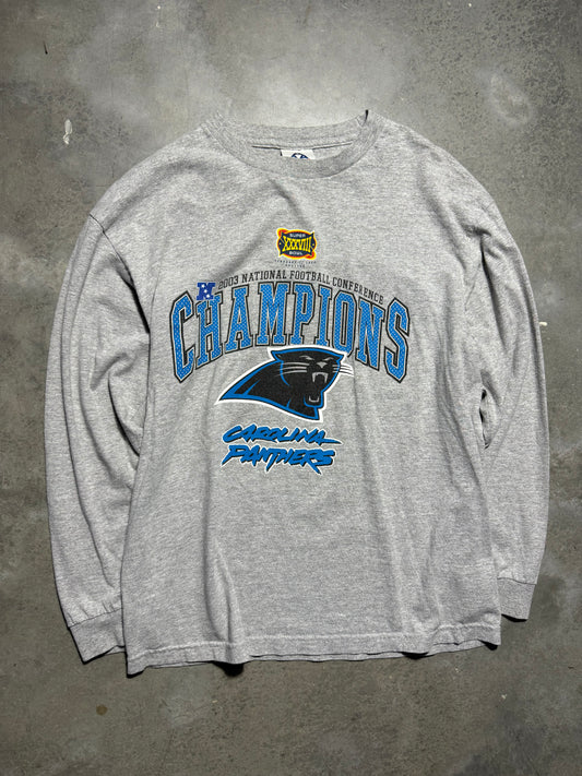 2003 Carolina Panthers Vintage Grey NFC Champions Super Bowl XXXVIII Cat Scratch Font NFL Longsleeve Tee (Large)