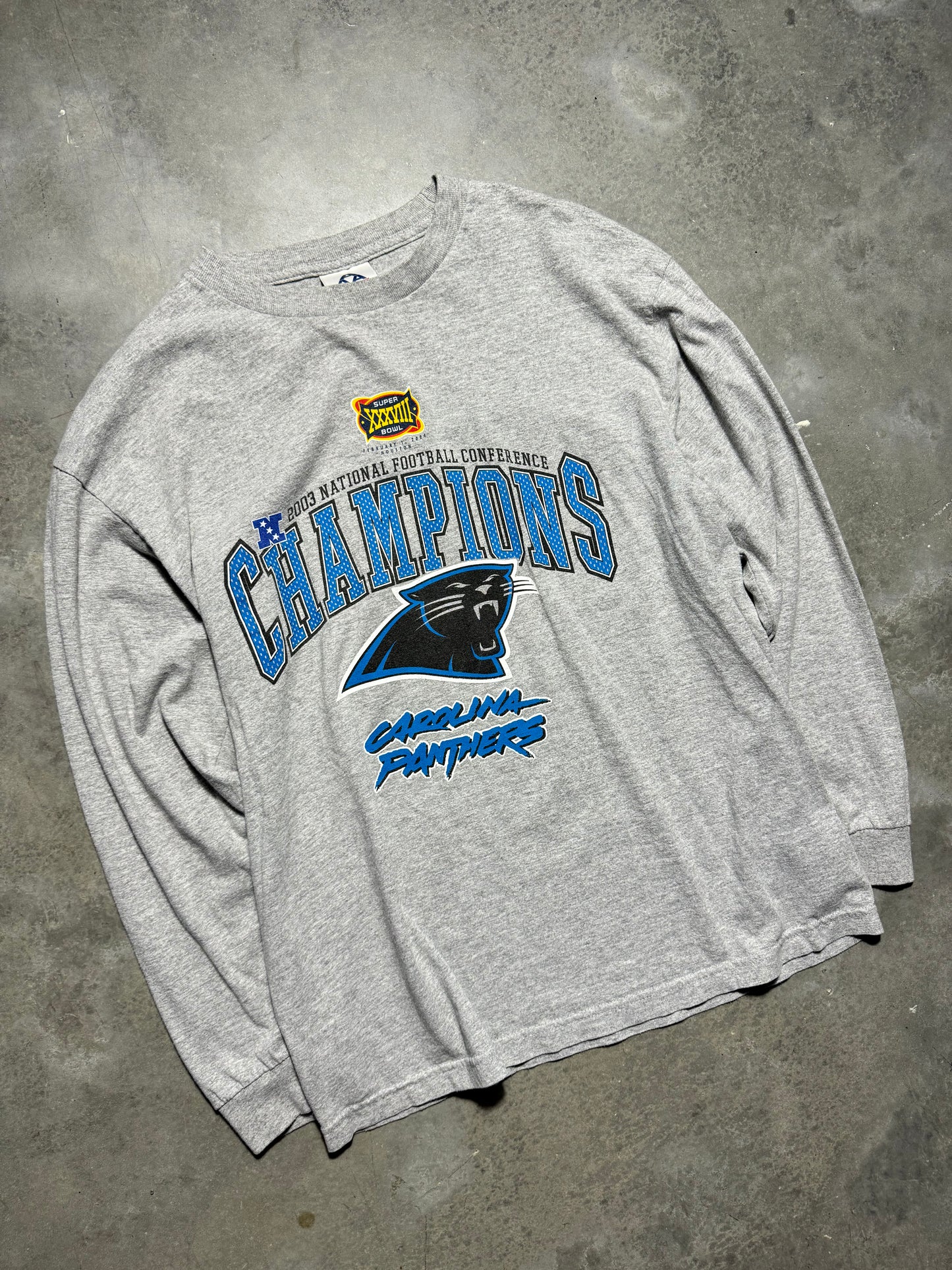 2003 Carolina Panthers Vintage Grey NFC Champions Super Bowl XXXVIII Cat Scratch Font NFL Longsleeve Tee (Large)
