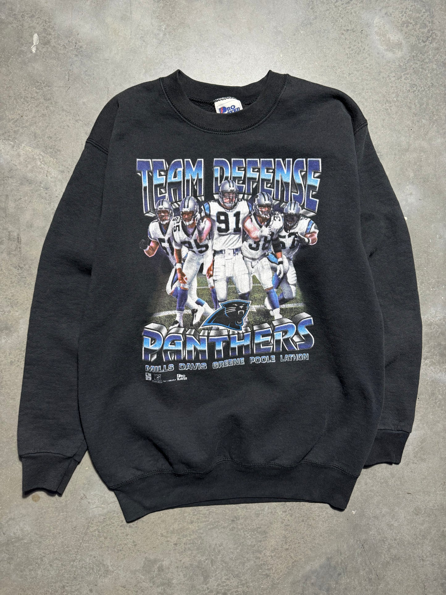 1996 Carolina Panthers Vintage Black Pro Player “Team Defense” Star Players NFL Crewneck (Youth XL)