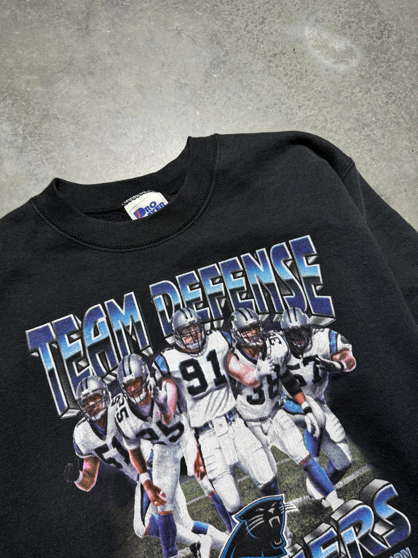 1996 Carolina Panthers Vintage Black Pro Player “Team Defense” Star Players NFL Crewneck (Youth XL)