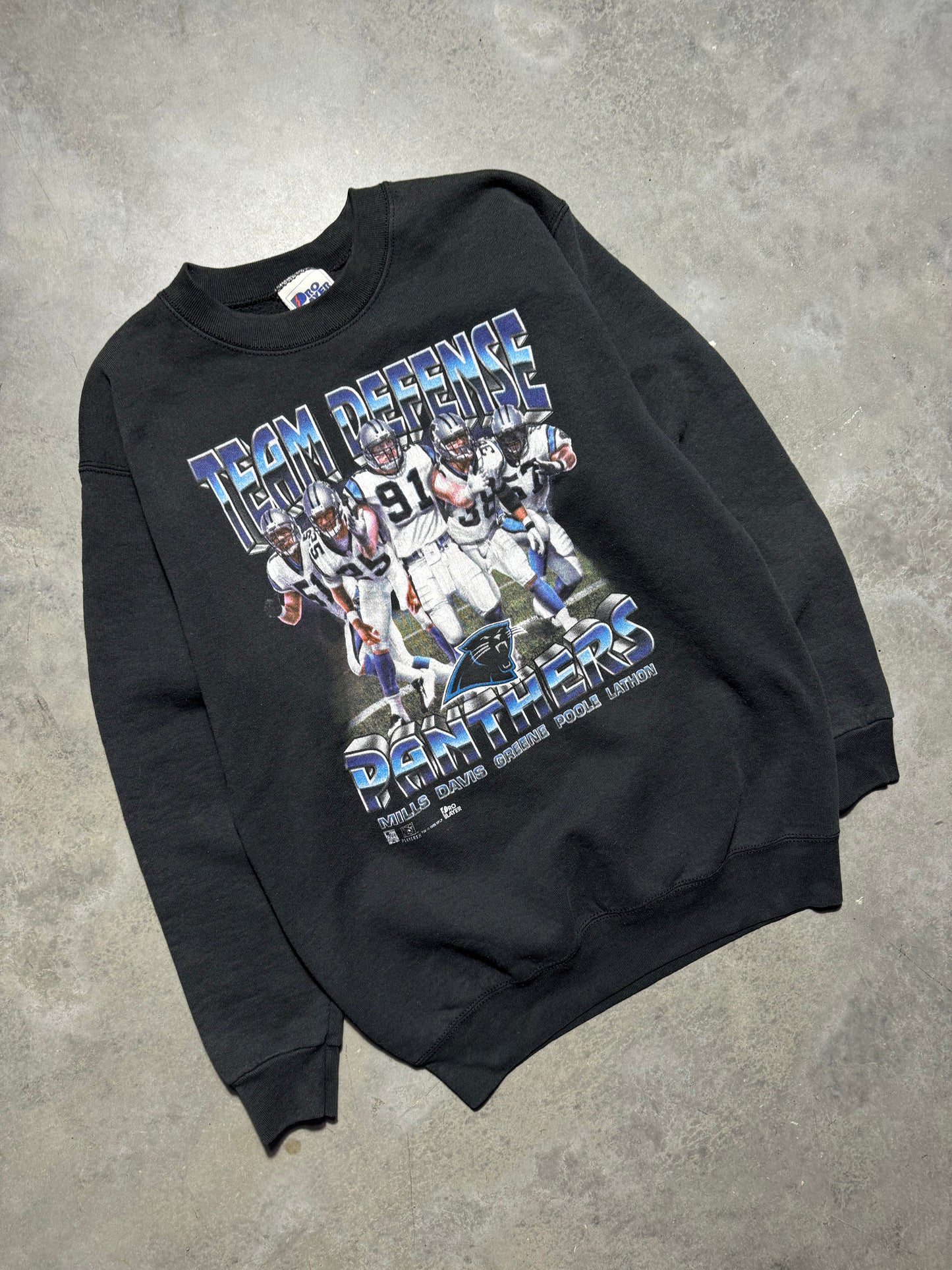 1996 Carolina Panthers Vintage Black Pro Player “Team Defense” Star Players NFL Crewneck (Youth XL)