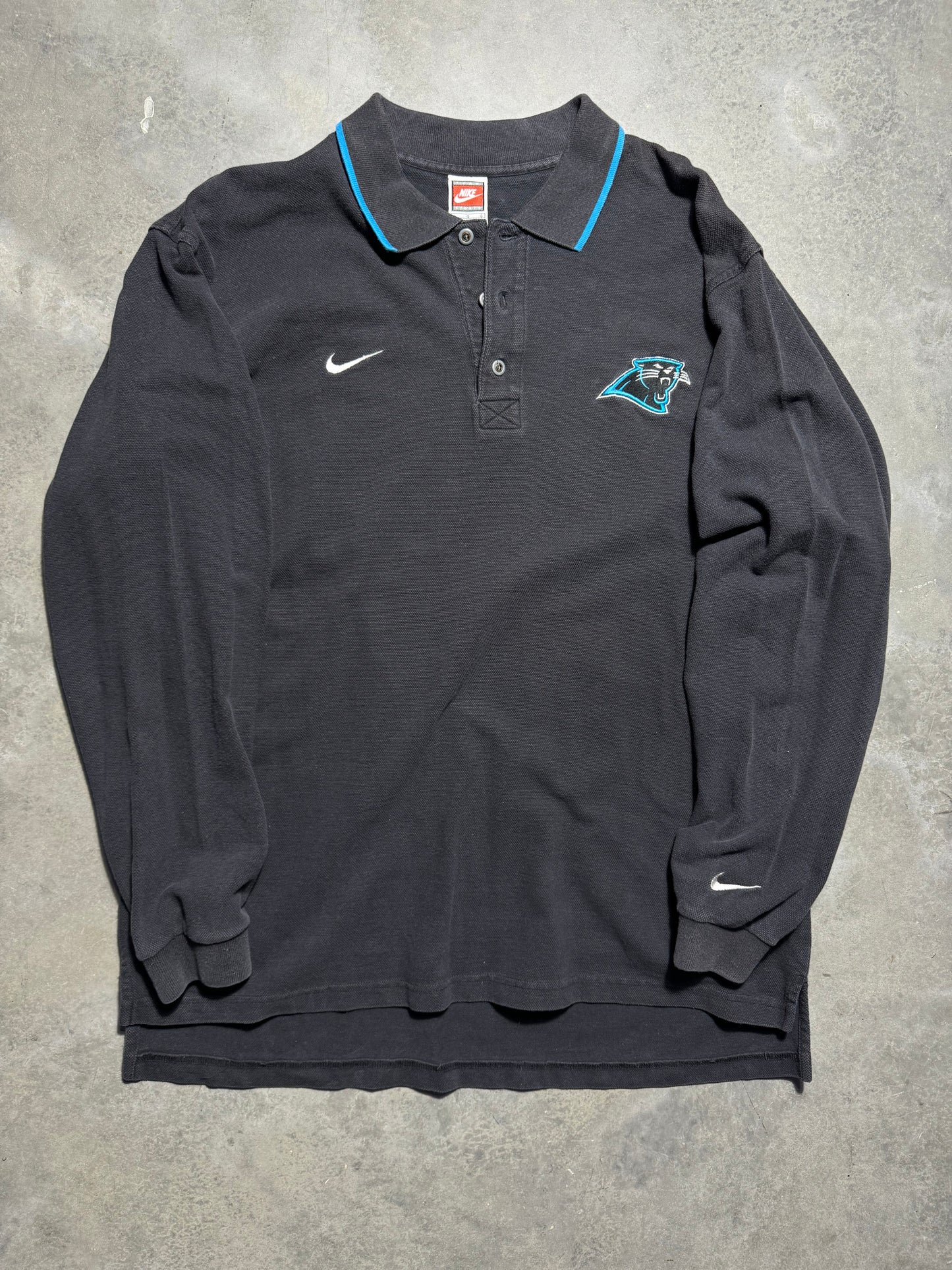 90’s Carolina Panthers Vintage Black Heavyweight Nike Longsleeve NFL Polo Collared Shirt (Large)