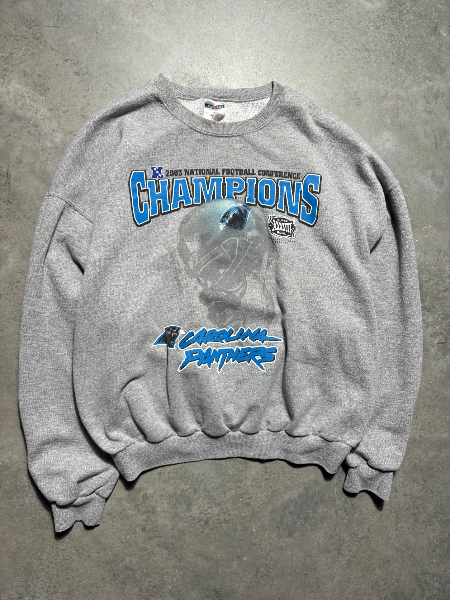 2003 Carolina Panthers NFC Champions Super Bowl XXXVIII Cat Scratch Font Logo NFL Crewneck (Boxy XL)