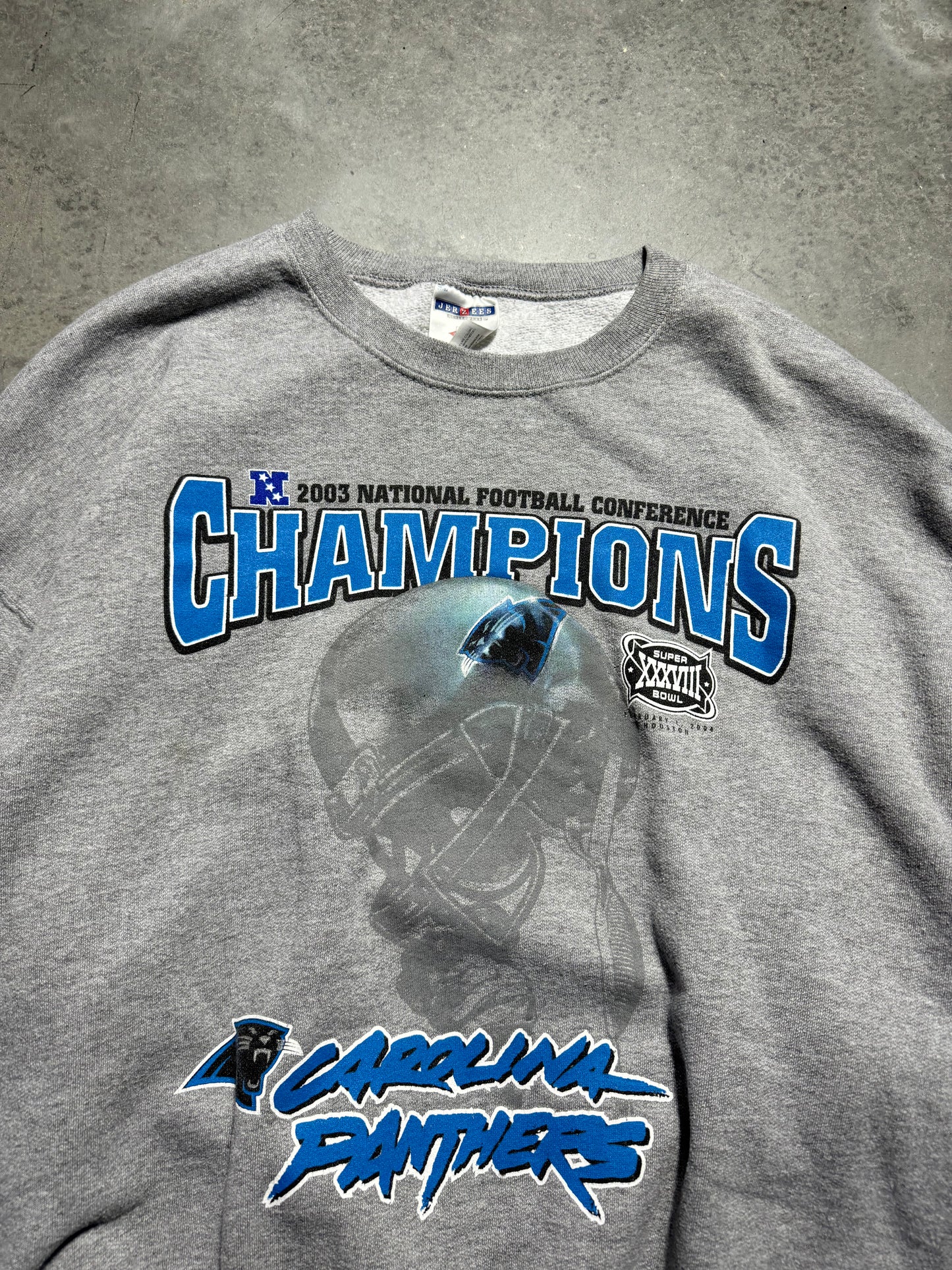 2003 Carolina Panthers NFC Champions Super Bowl XXXVIII Cat Scratch Font Logo NFL Crewneck (Boxy XL)