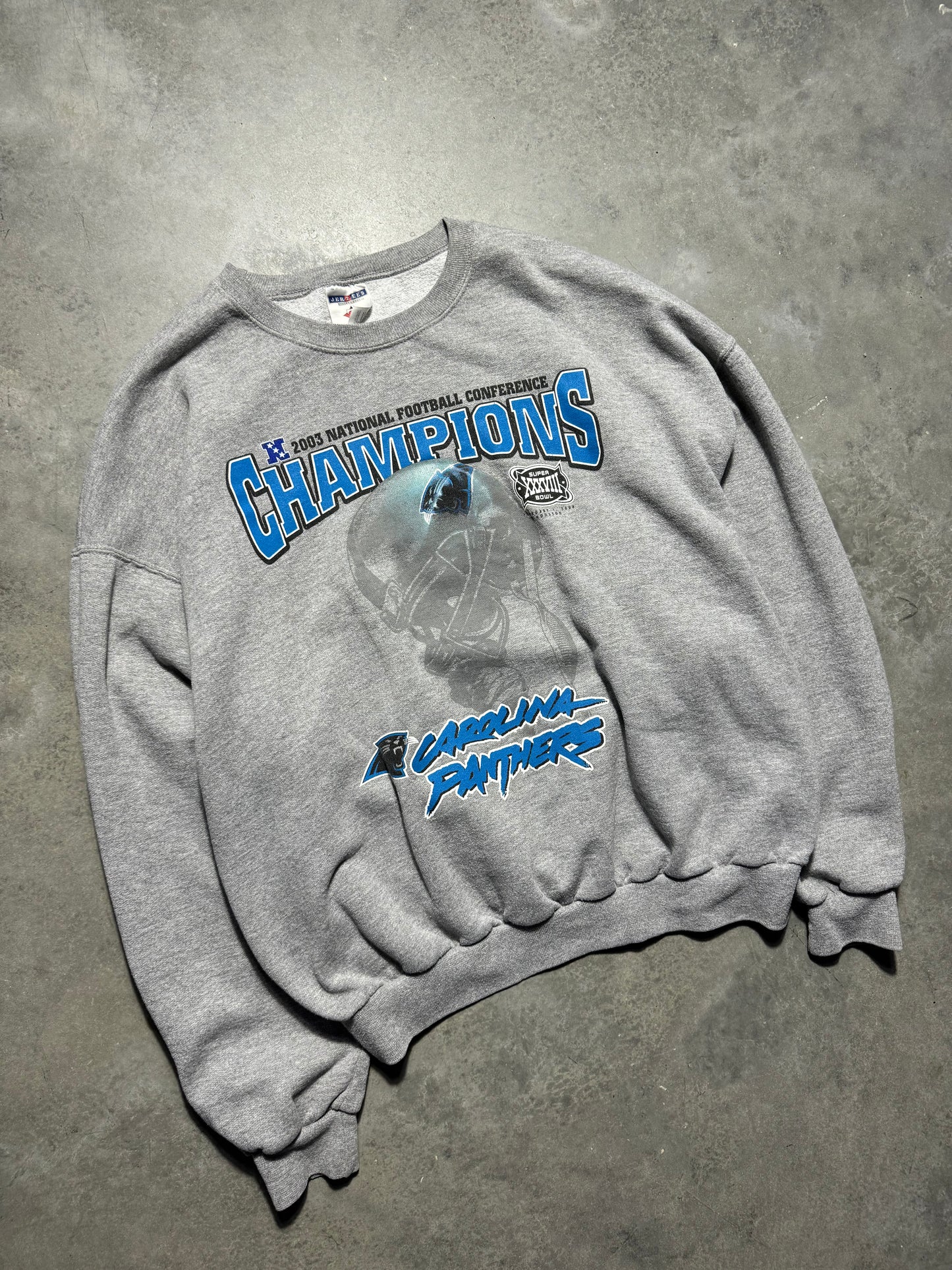 2003 Carolina Panthers NFC Champions Super Bowl XXXVIII Cat Scratch Font Logo NFL Crewneck (Boxy XL)