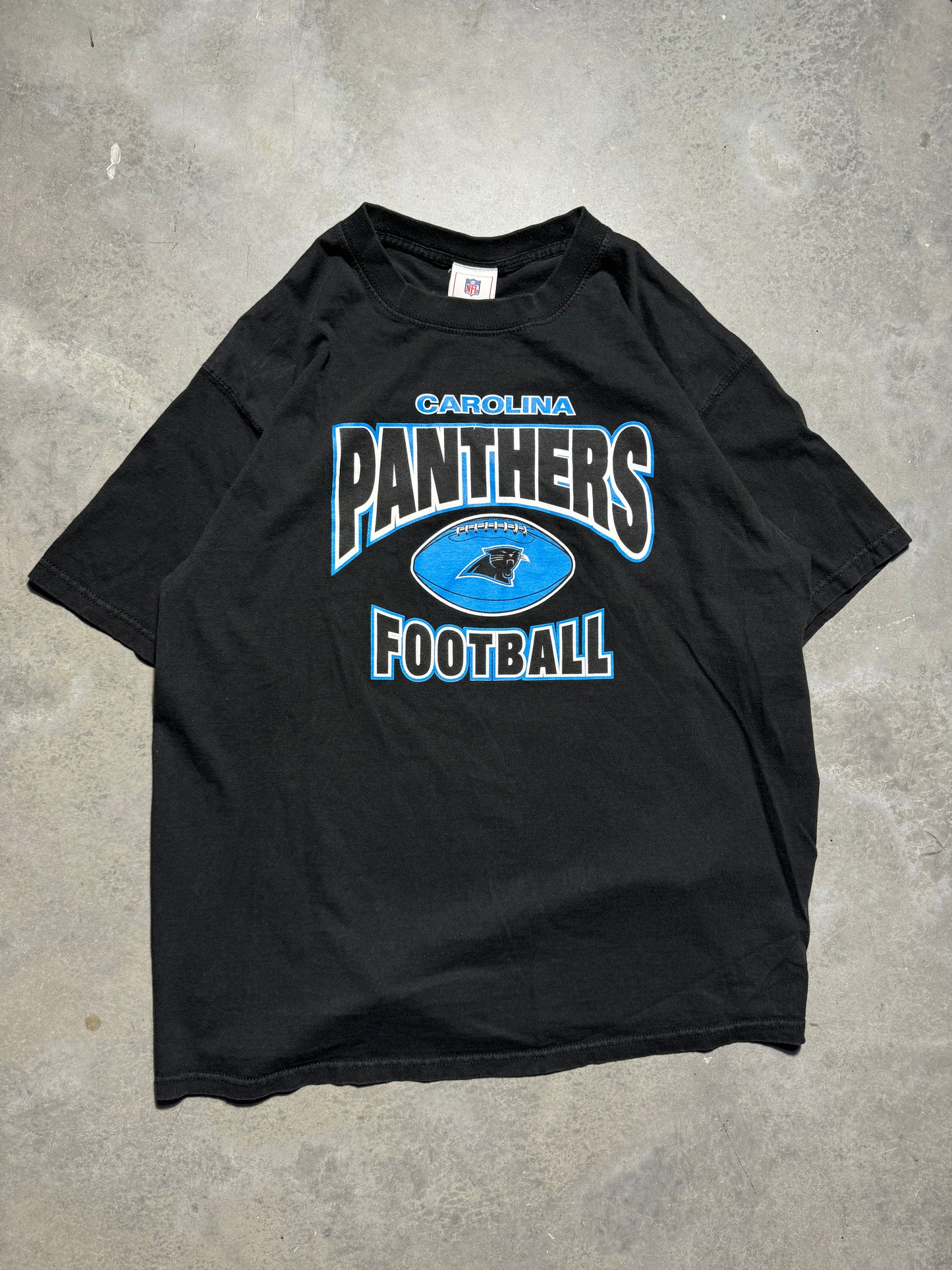 00’s Carolina Panthers Vintage Black Arch Logo Spellout NFL Tee (Large)