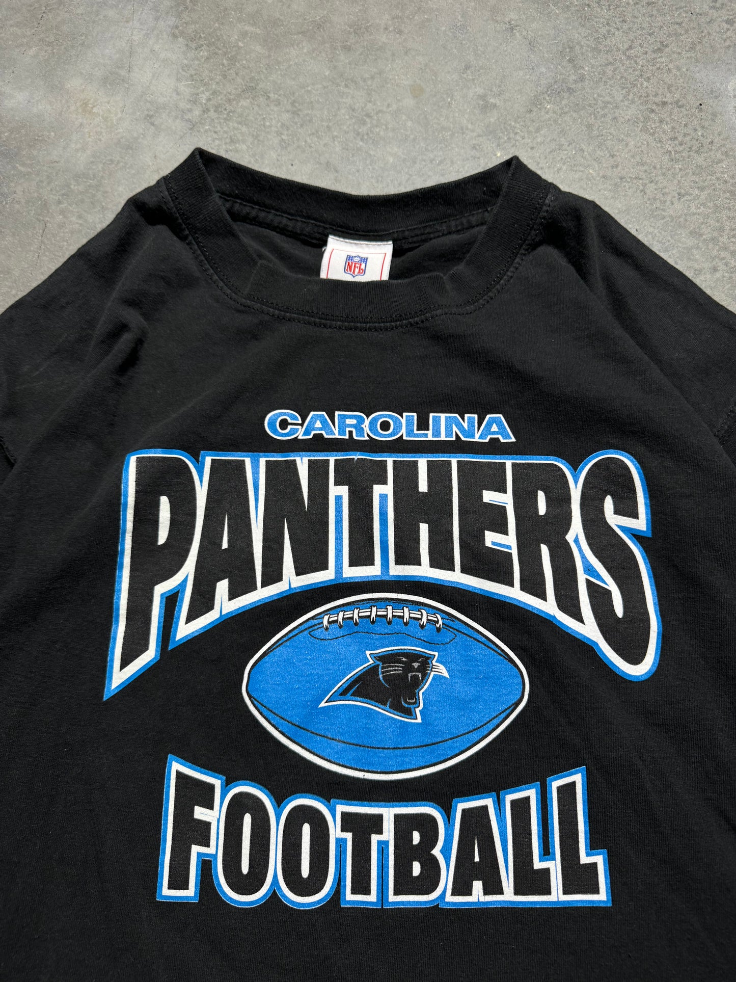 00’s Carolina Panthers Vintage Black Arch Logo Spellout NFL Tee (Large)