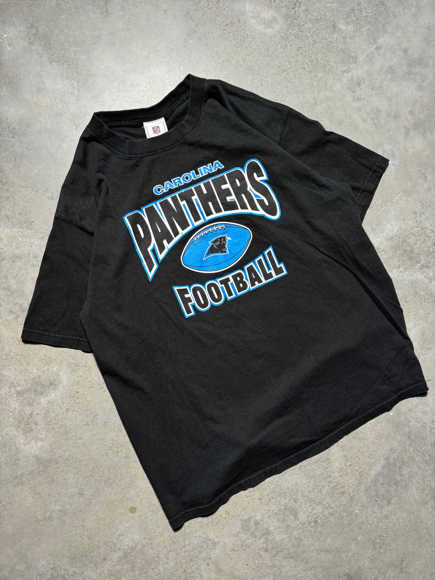 00’s Carolina Panthers Vintage Black Arch Logo Spellout NFL Tee (Large)