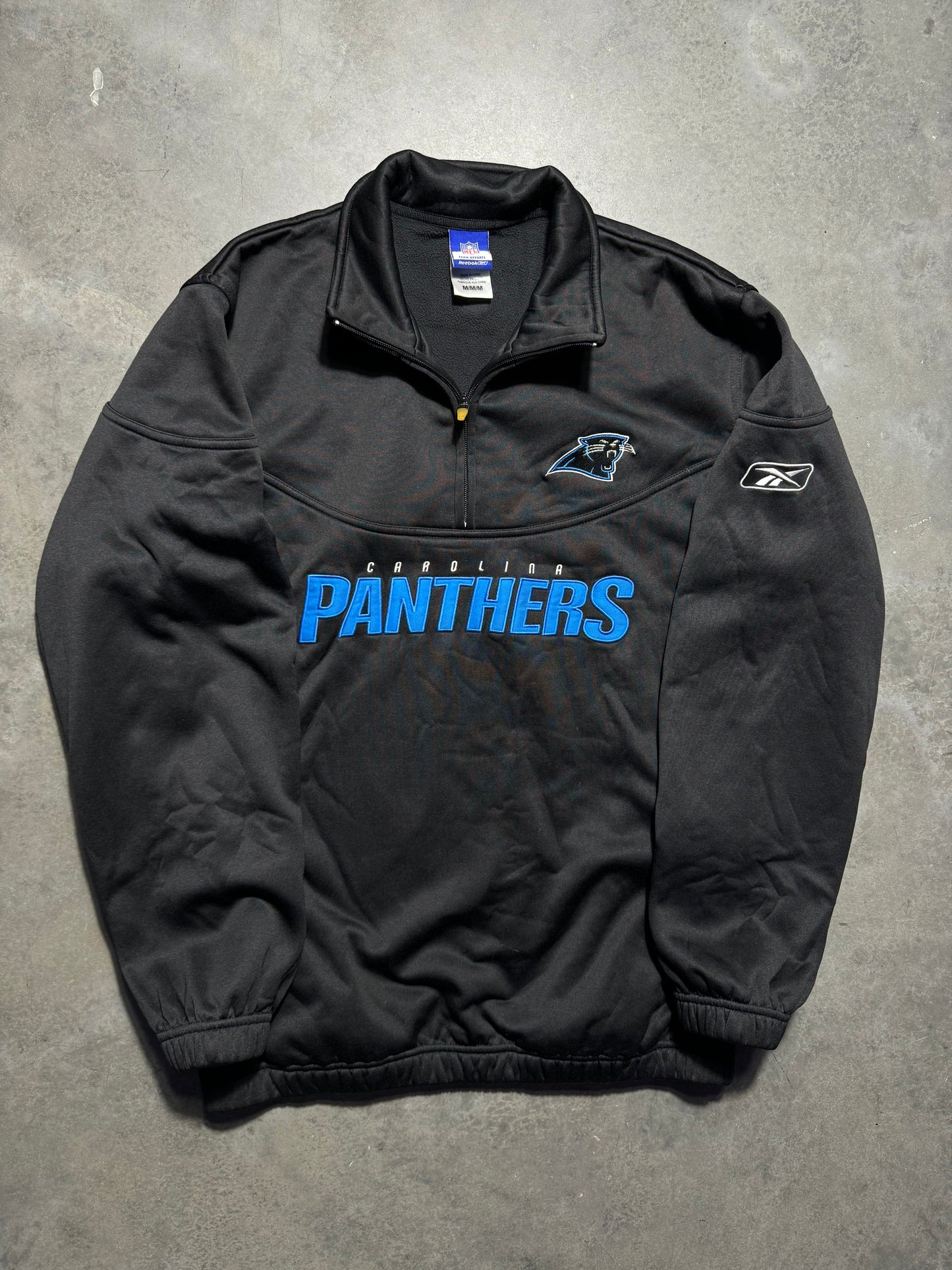 00’s Carolina Panthers Vintage Black Quarter Zip Spellout Fleece NFL Pullover Jacket (Large)