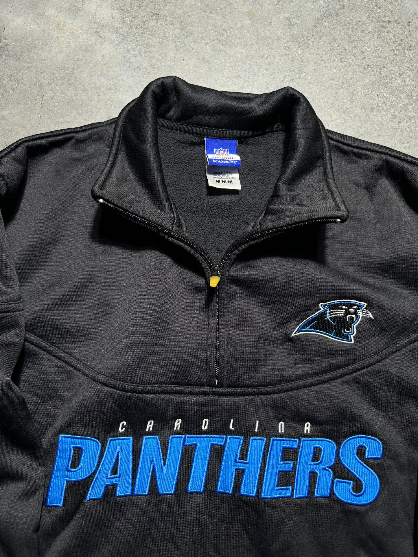00’s Carolina Panthers Vintage Black Quarter Zip Spellout Fleece NFL Pullover Jacket (Large)
