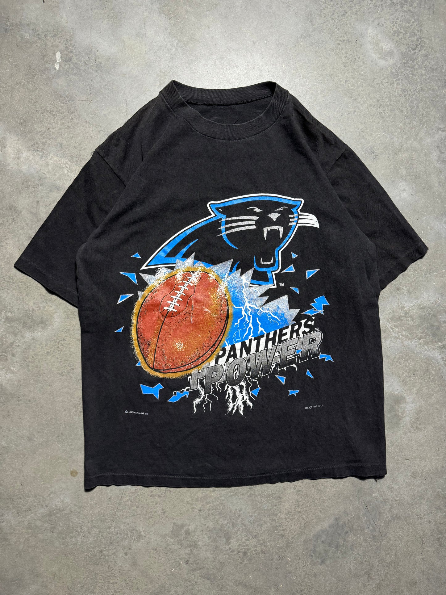 1994 Carolina Panthers Vintage Faded Black Locker Line “Panthers Power” NFL Lightning Tee (Large)