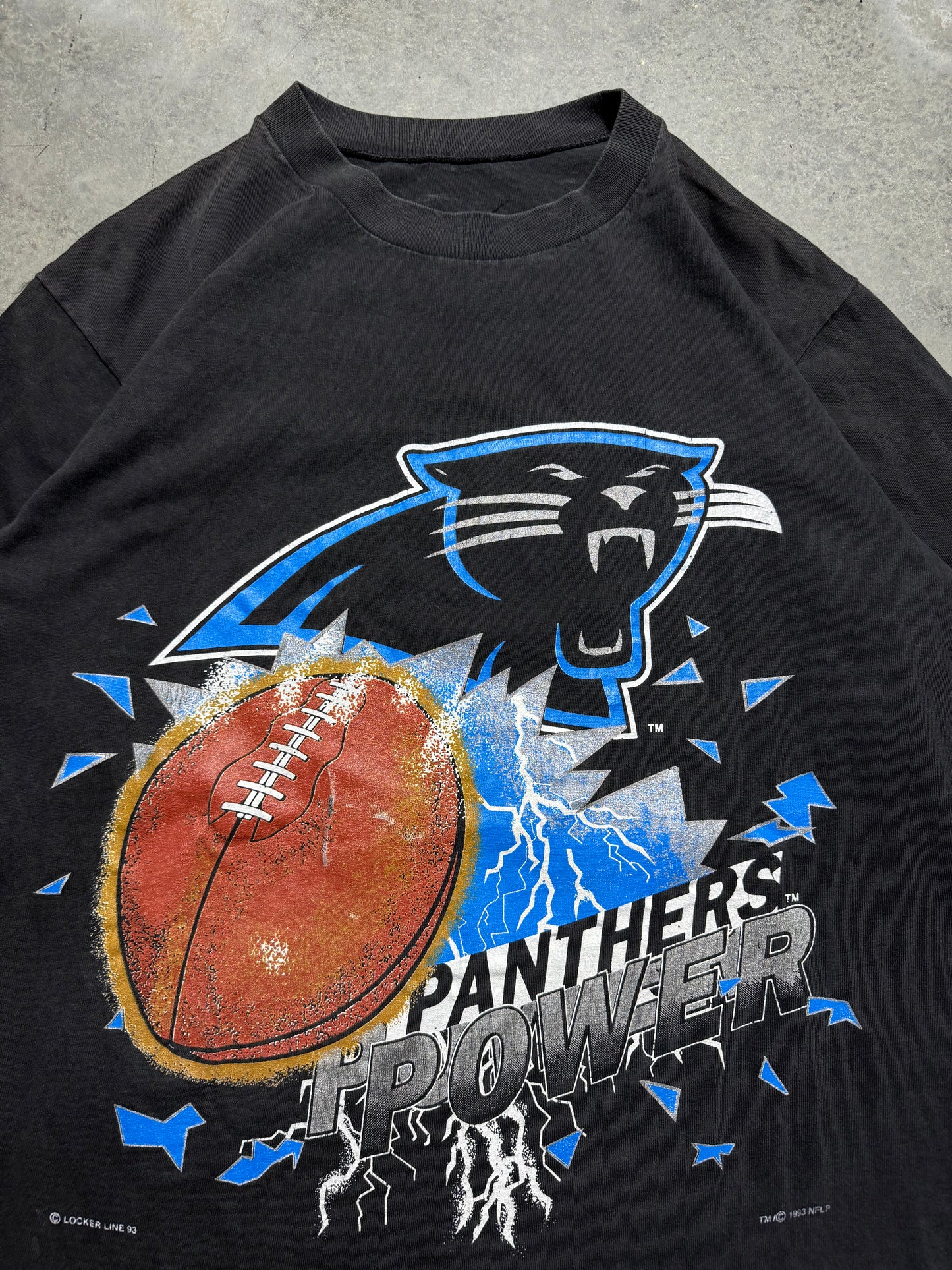 1994 Carolina Panthers Vintage Faded Black Locker Line “Panthers Power” NFL Lightning Tee (Large)