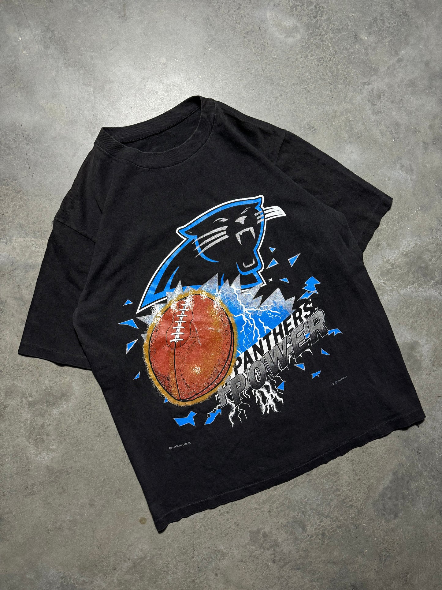 1994 Carolina Panthers Vintage Faded Black Locker Line “Panthers Power” NFL Lightning Tee (Large)
