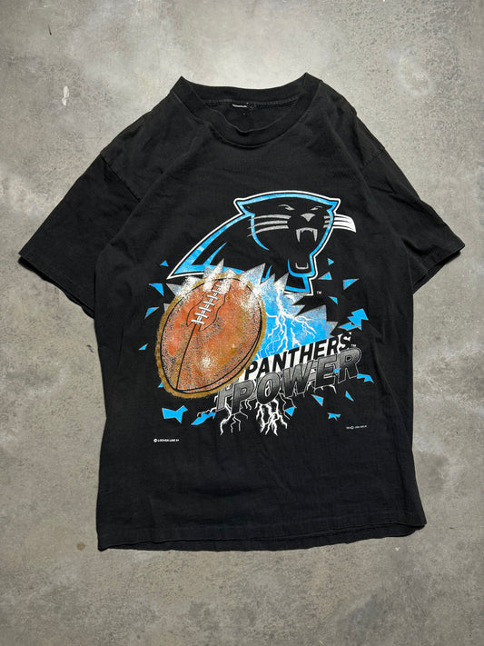 1994 Carolina Panthers Vintage Faded Black Locker Line “Panthers Power” NFL Lightning Tee (Medium)