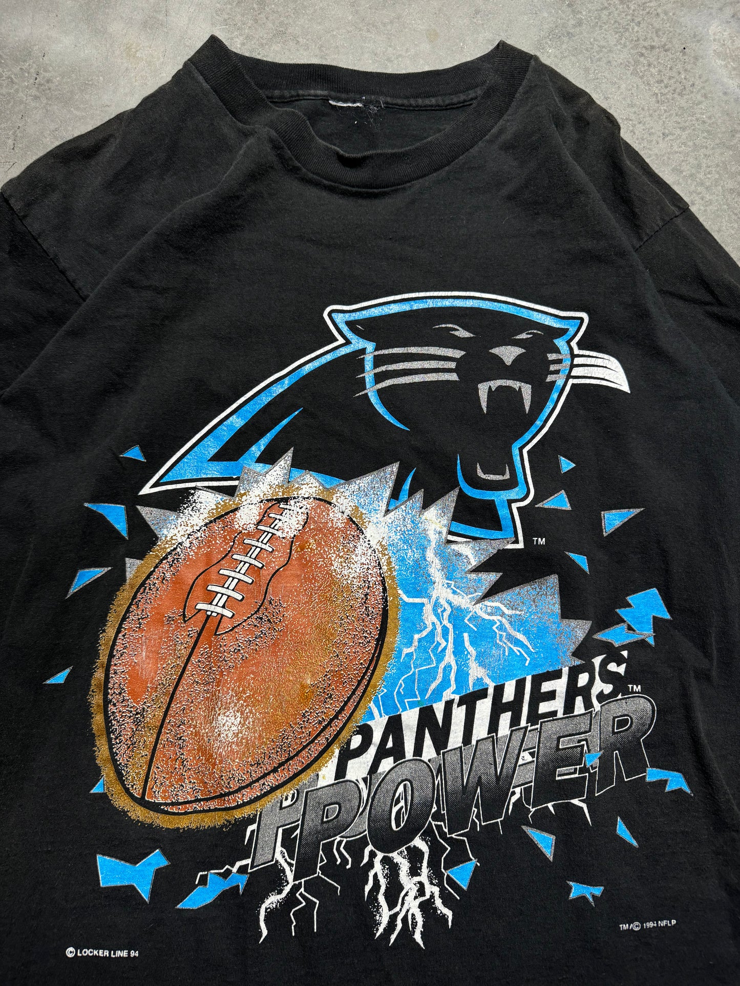 1994 Carolina Panthers Vintage Faded Black Locker Line “Panthers Power” NFL Lightning Tee (Medium)