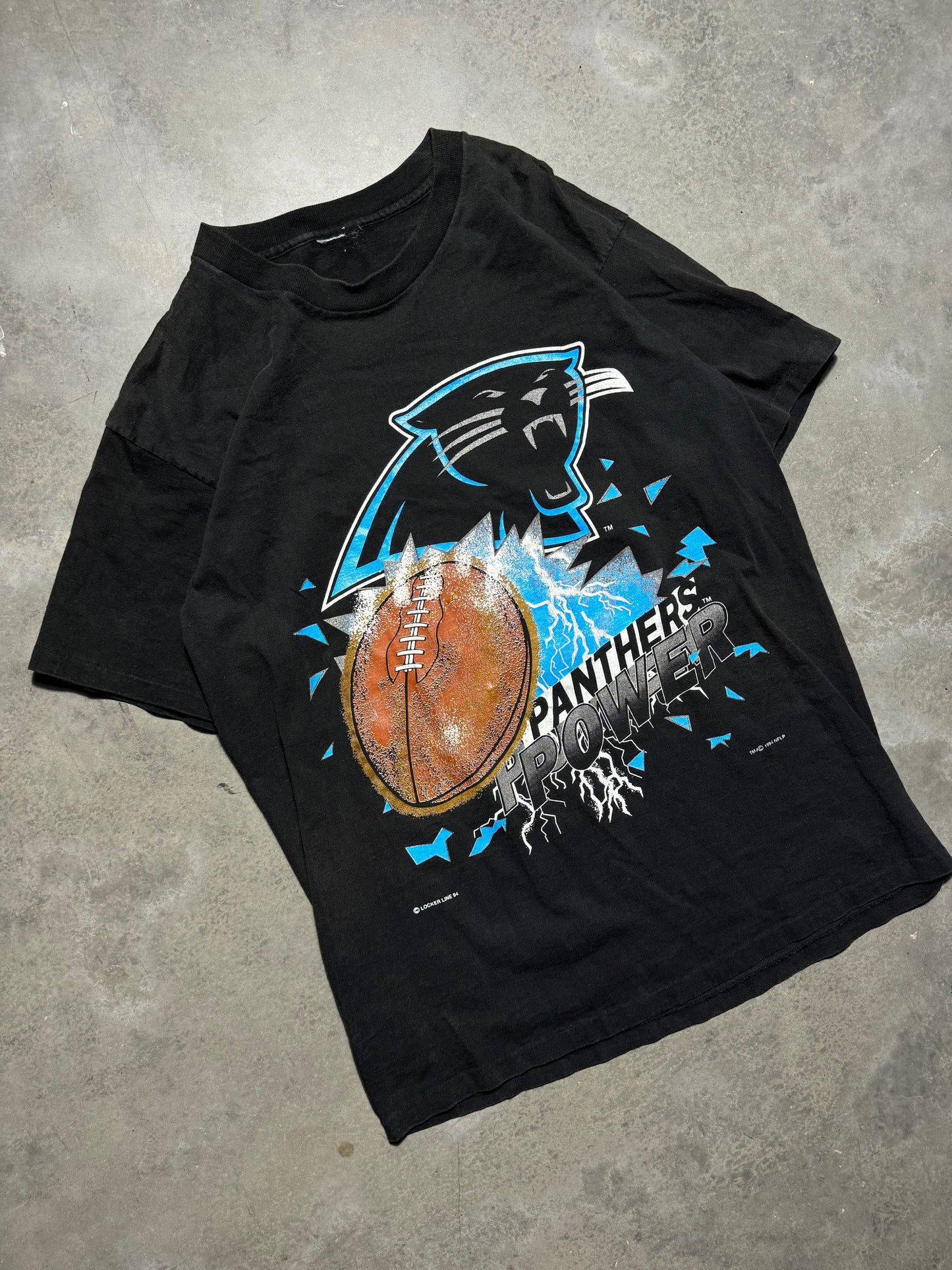 1994 Carolina Panthers Vintage Faded Black Locker Line “Panthers Power” NFL Lightning Tee (Medium)