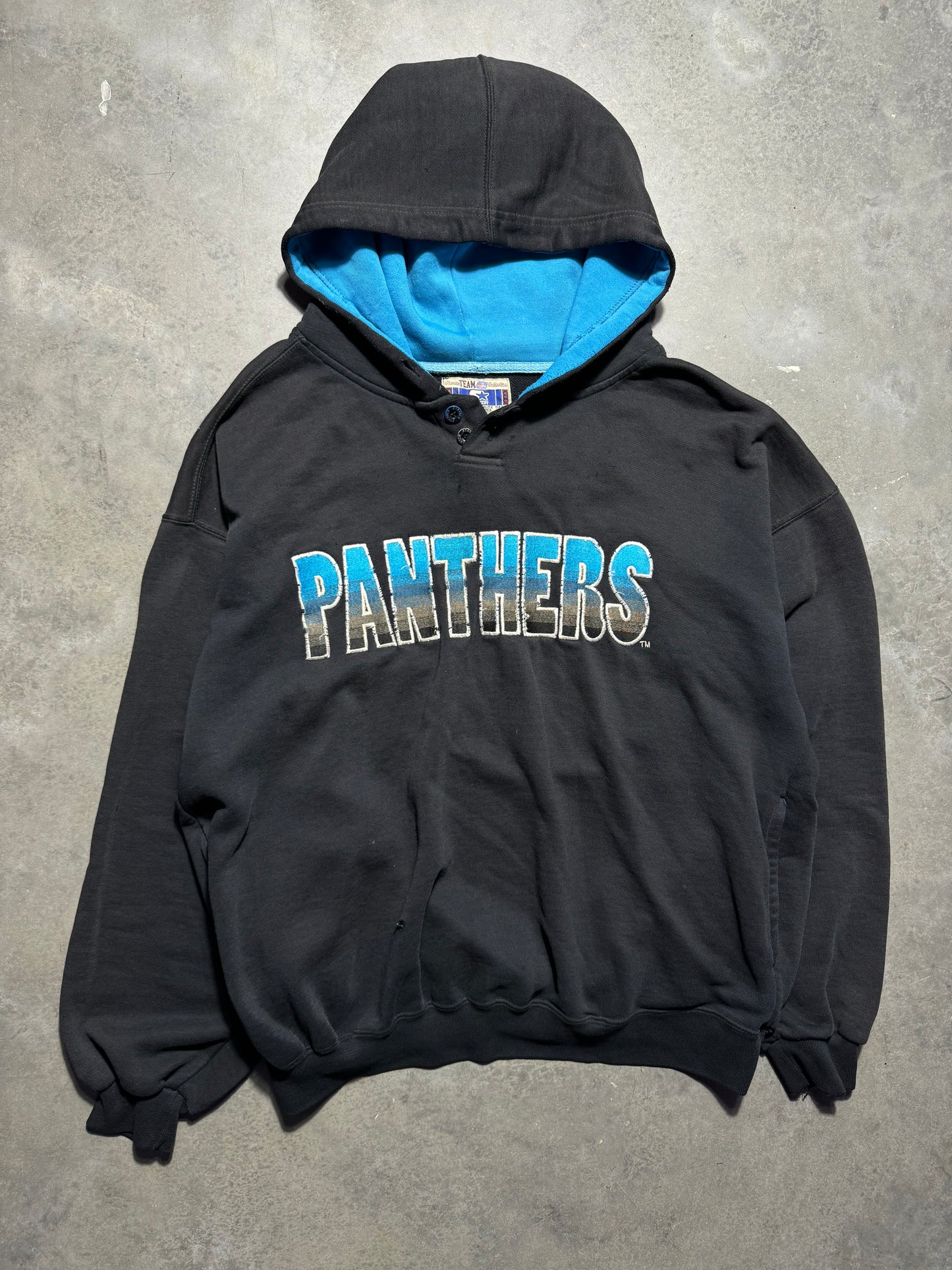 90’s Carolina Panthers Vintage Black Starter Distressed Heavyweight Embroidered NFL Hoodie (Large)