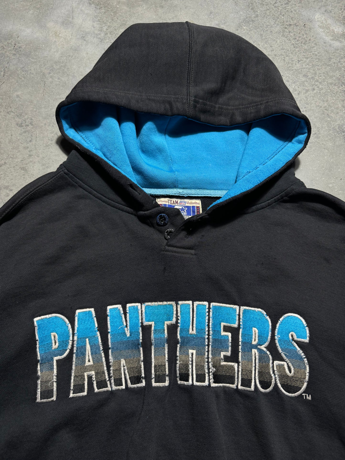 90’s Carolina Panthers Vintage Black Starter Distressed Heavyweight Embroidered NFL Hoodie (Large)
