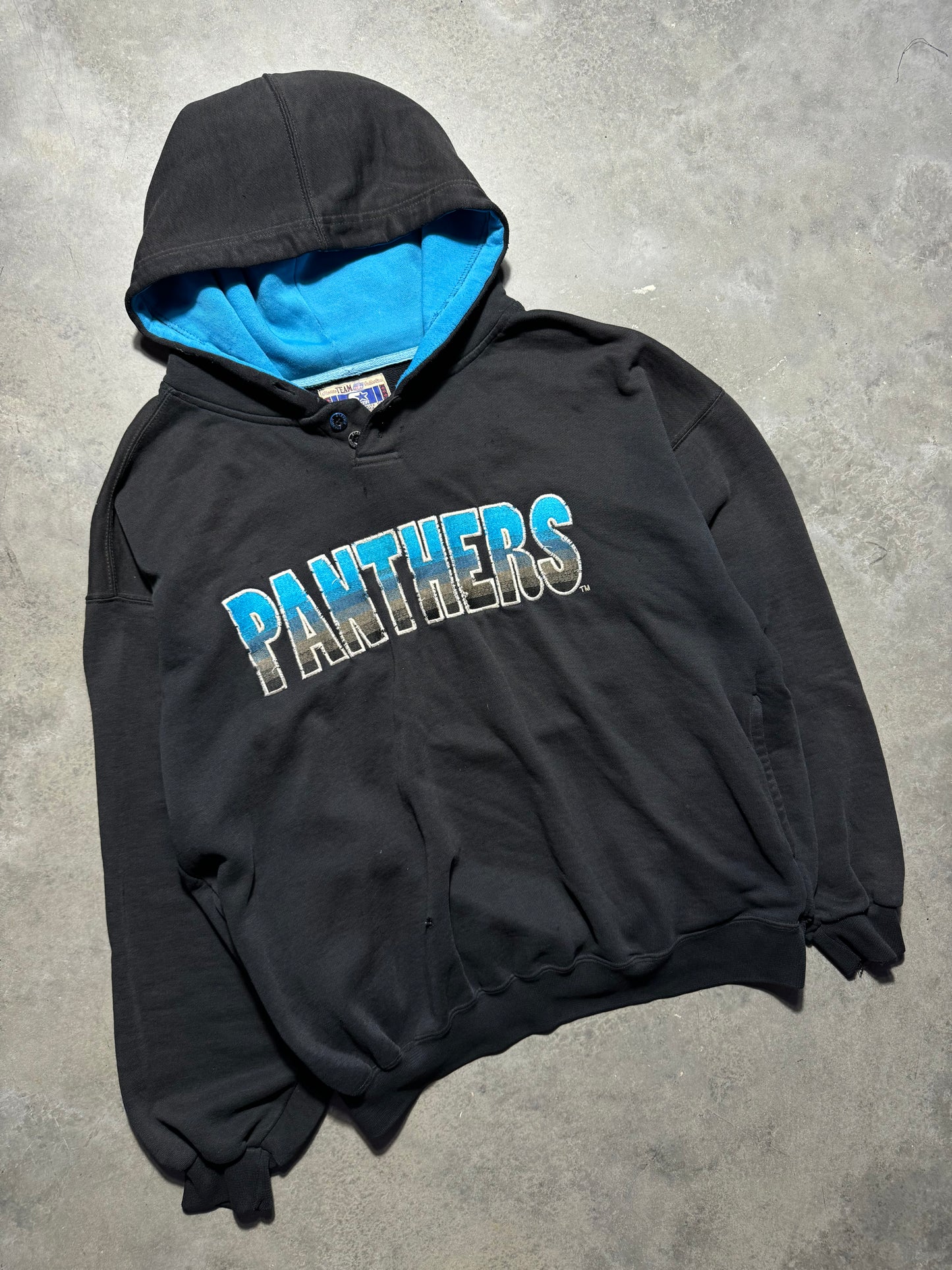 90’s Carolina Panthers Vintage Black Starter Distressed Heavyweight Embroidered NFL Hoodie (Large)
