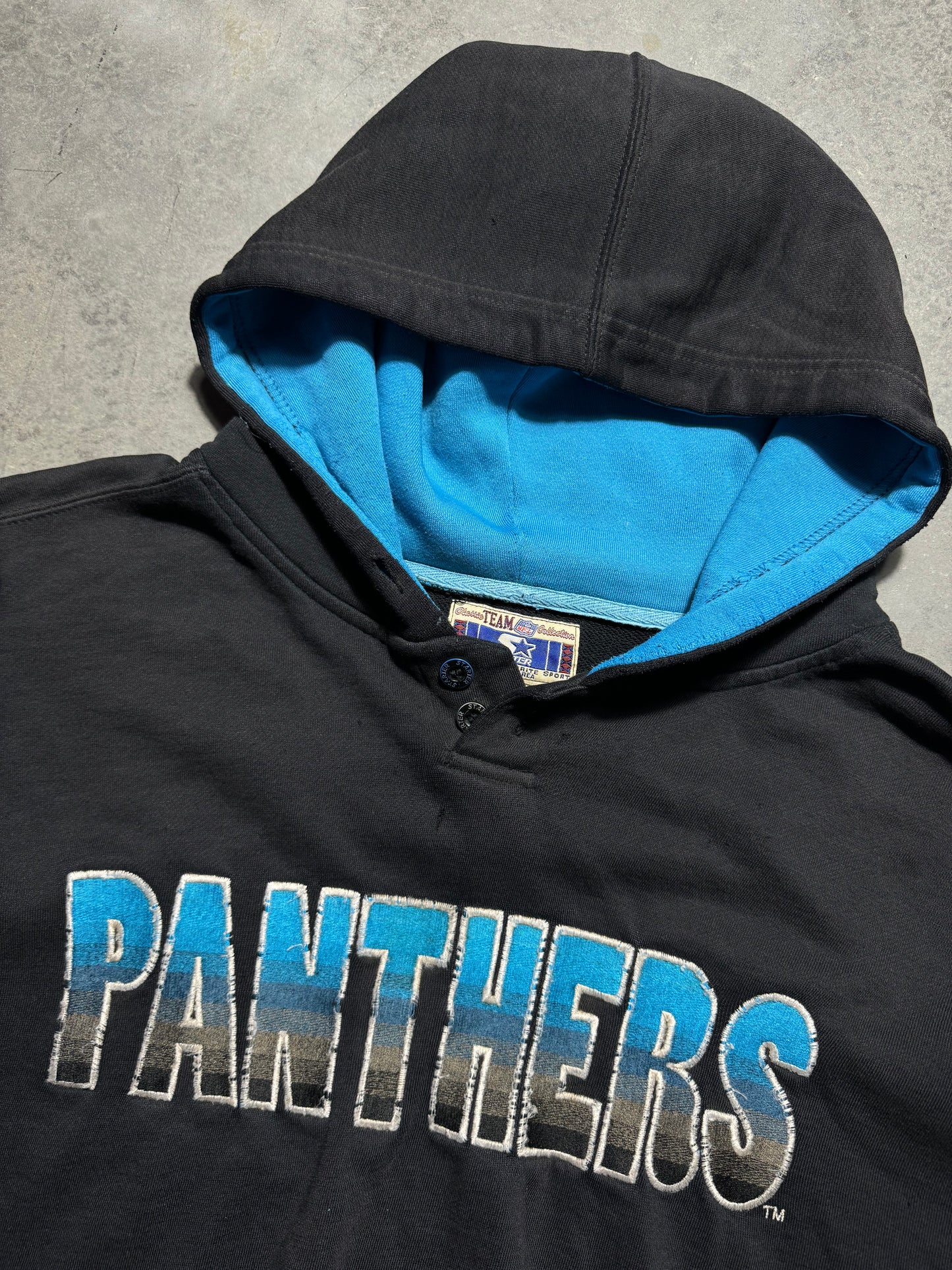 90’s Carolina Panthers Vintage Black Starter Distressed Heavyweight Embroidered NFL Hoodie (Large)