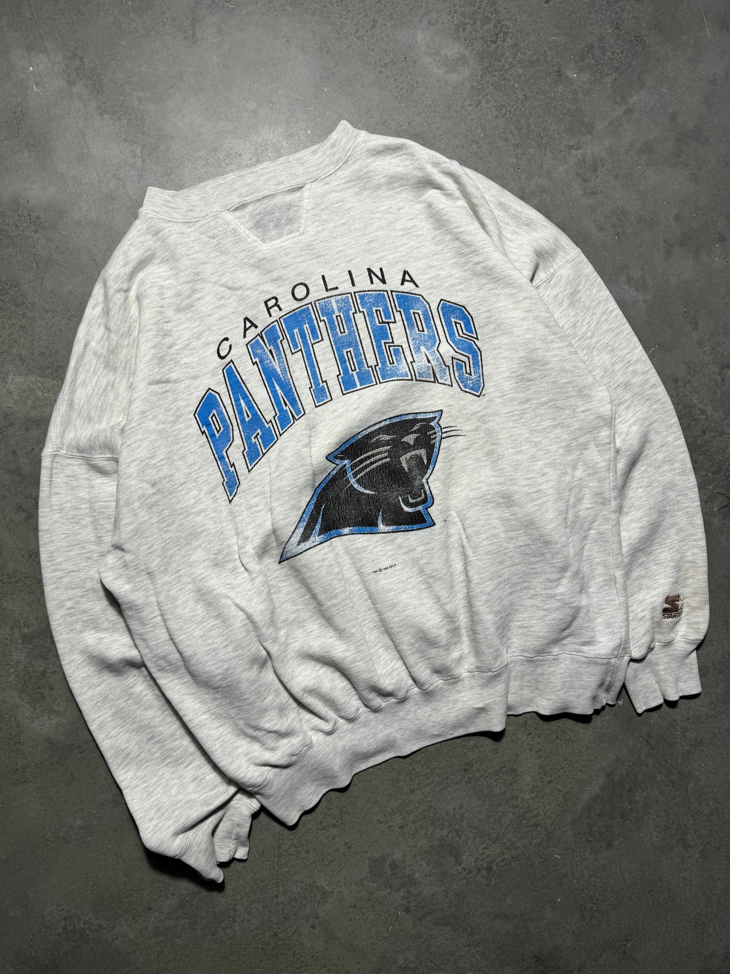 1993 Carolina Panthers Vintage Heather Grey Distressed Starter NFL Crewneck (XXL)