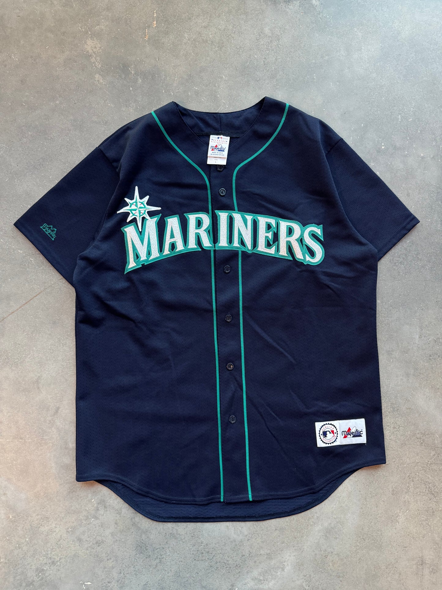 90’s Seattle Mariners Ken Griffey Jr Vintage Navy/Teal Majestic Stitched MLB Jersey (XL)