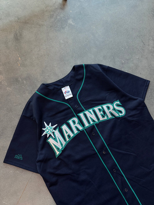 90’s Seattle Mariners Ken Griffey Jr Vintage Navy/Teal Majestic Stitched MLB Jersey (XL)