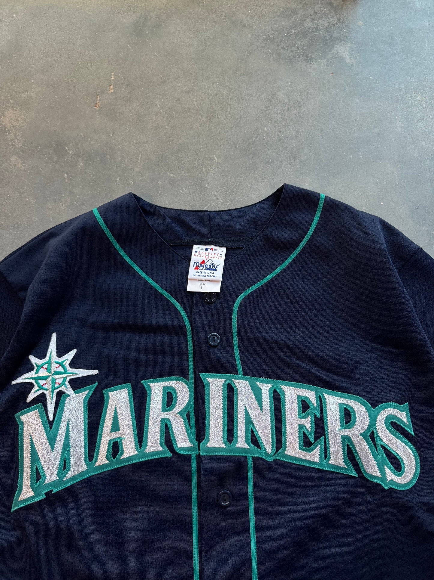 90’s Seattle Mariners Ken Griffey Jr Vintage Navy/Teal Majestic Stitched MLB Jersey (XL)