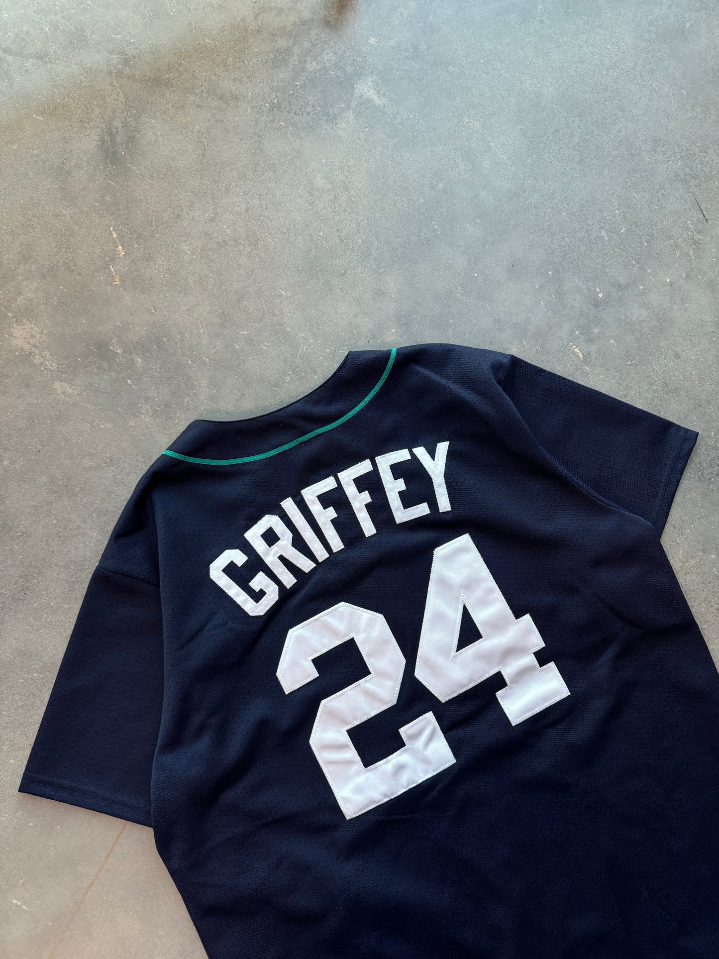 90’s Seattle Mariners Ken Griffey Jr Vintage Navy/Teal Majestic Stitched MLB Jersey (XL)