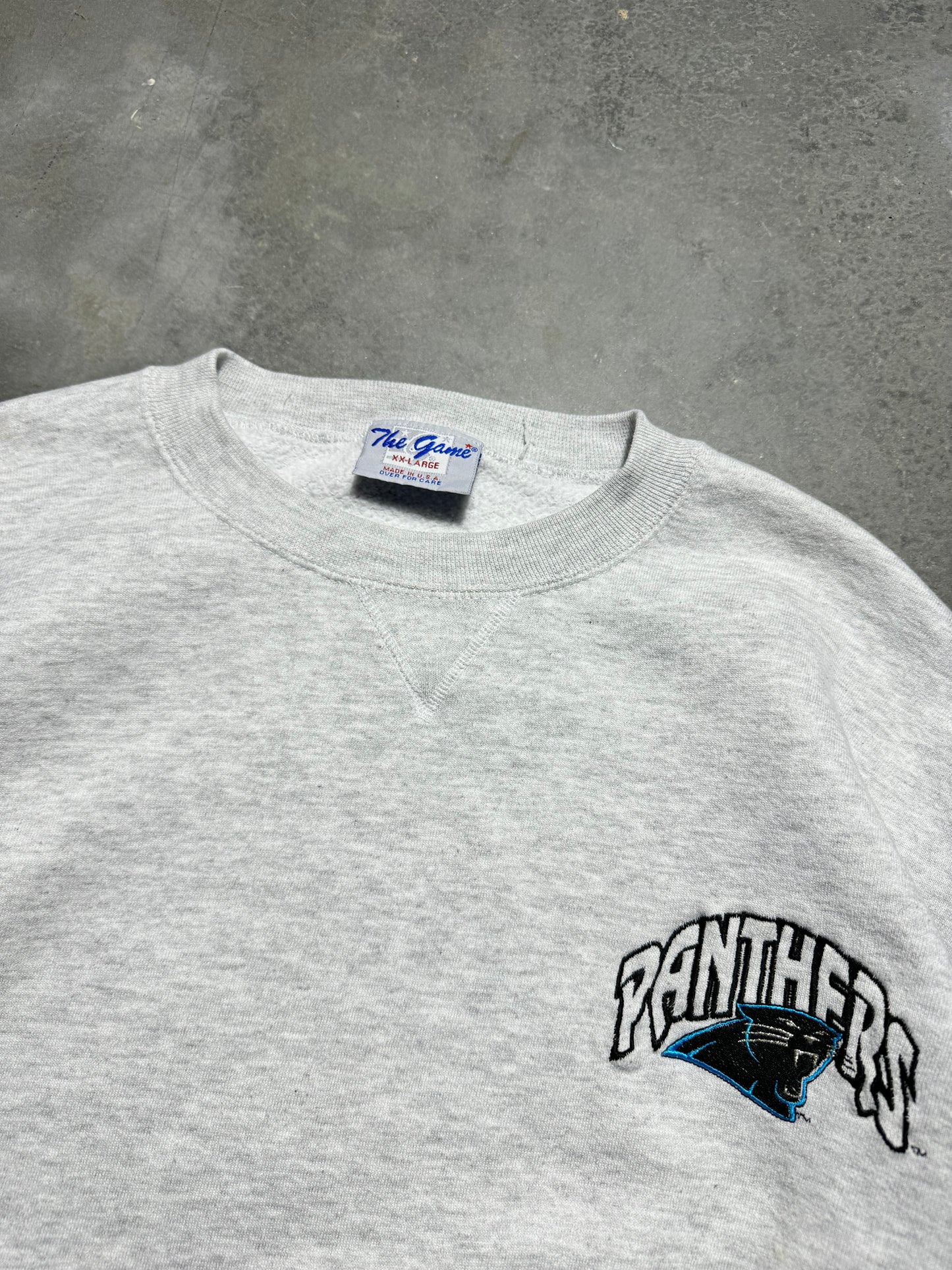 90’s Carolina Panthers Vintage Heather Grey The Game Embroidered NFL Crewneck (XXL)