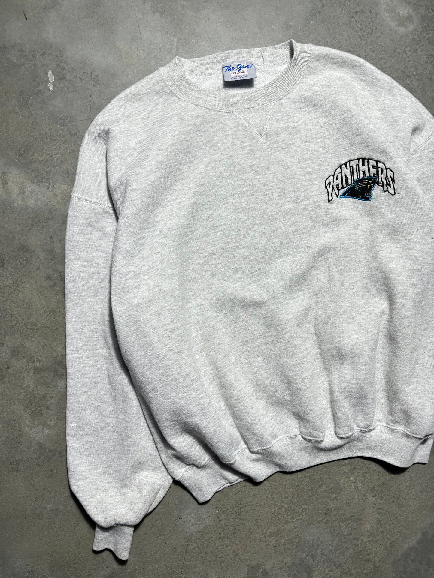 90’s Carolina Panthers Vintage Heather Grey The Game Embroidered NFL Crewneck (XXL)