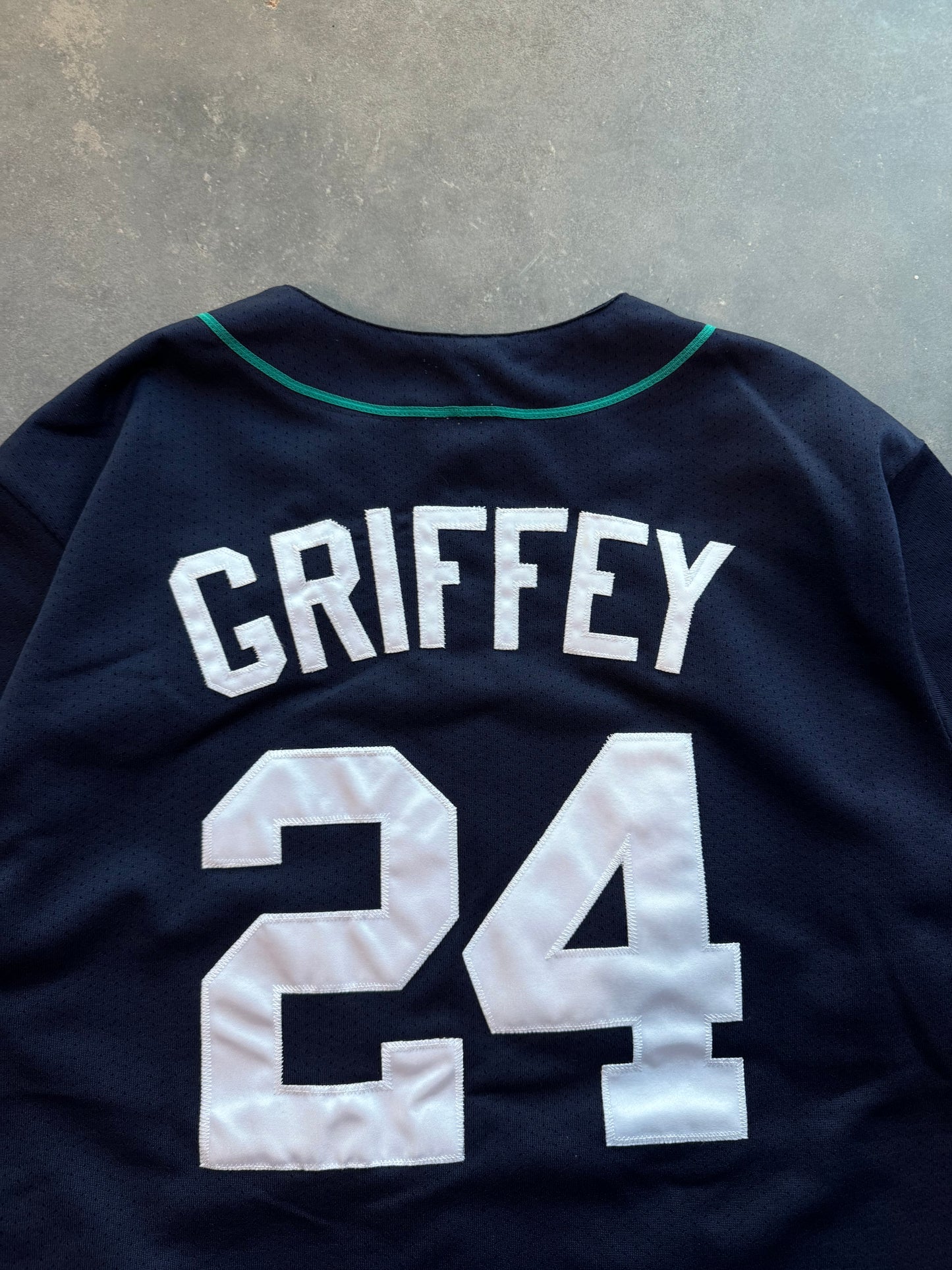 90’s Seattle Mariners Ken Griffey Jr Vintage Navy/Teal Majestic Stitched MLB Jersey (XL)