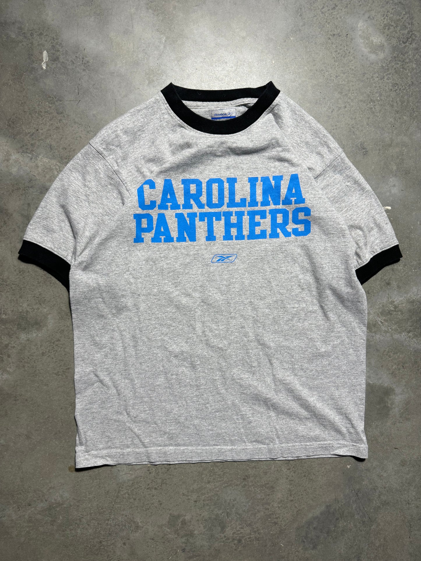 00’s Carolina Panthers Vintage Grey Reebok Spellout NFL Ringer Tee (Medium)