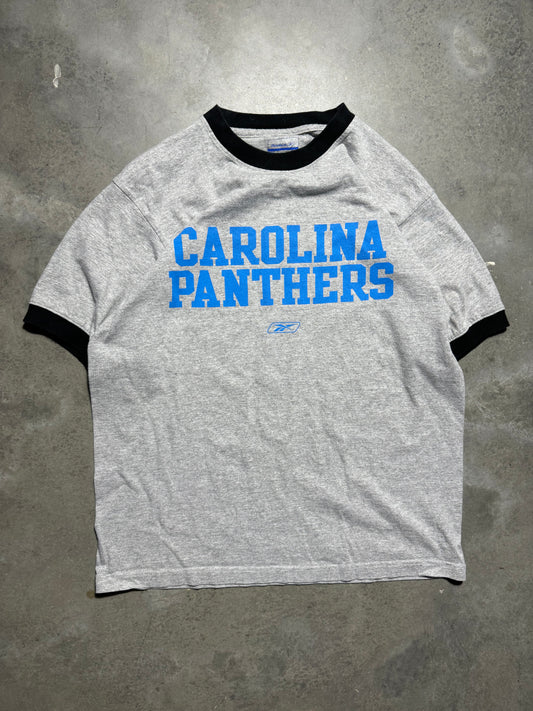 00’s Carolina Panthers Vintage Grey Reebok Spellout NFL Ringer Tee (Medium)