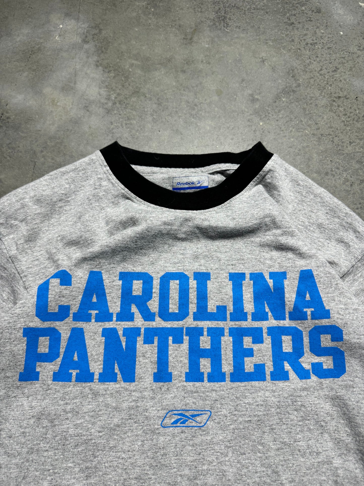 00’s Carolina Panthers Vintage Grey Reebok Spellout NFL Ringer Tee (Medium)