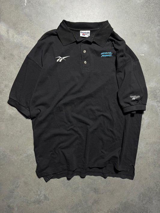 1995 Carolina Panthers Vintage Black Reebok Cat Scratch Font Logo Embroidered Sideline Style NFL Collared Polo Shirt (XL)