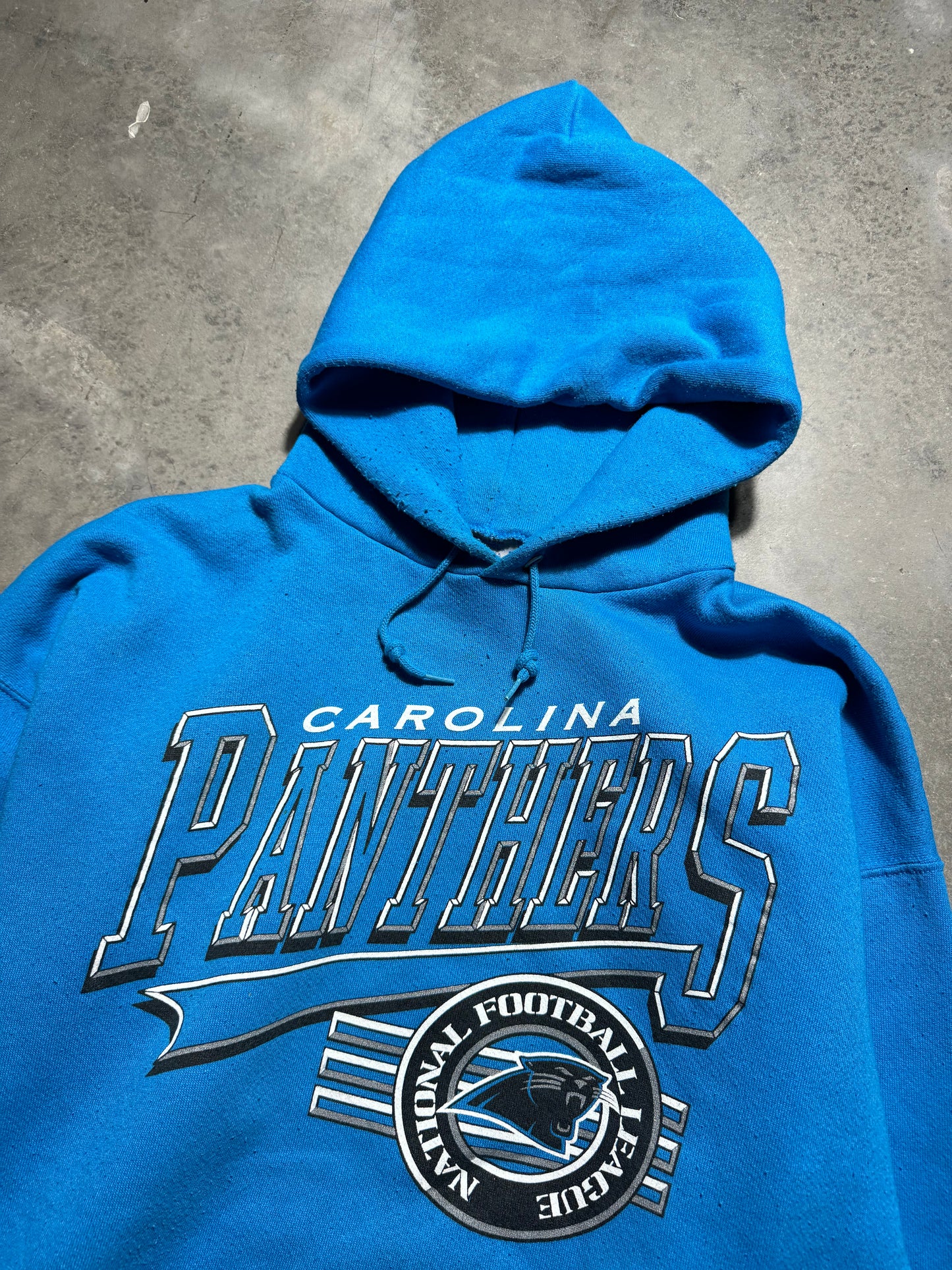 90’s Carolina Panthers Vintage Logo 7 Heavyweight Blue NFL Hoodie (XL)