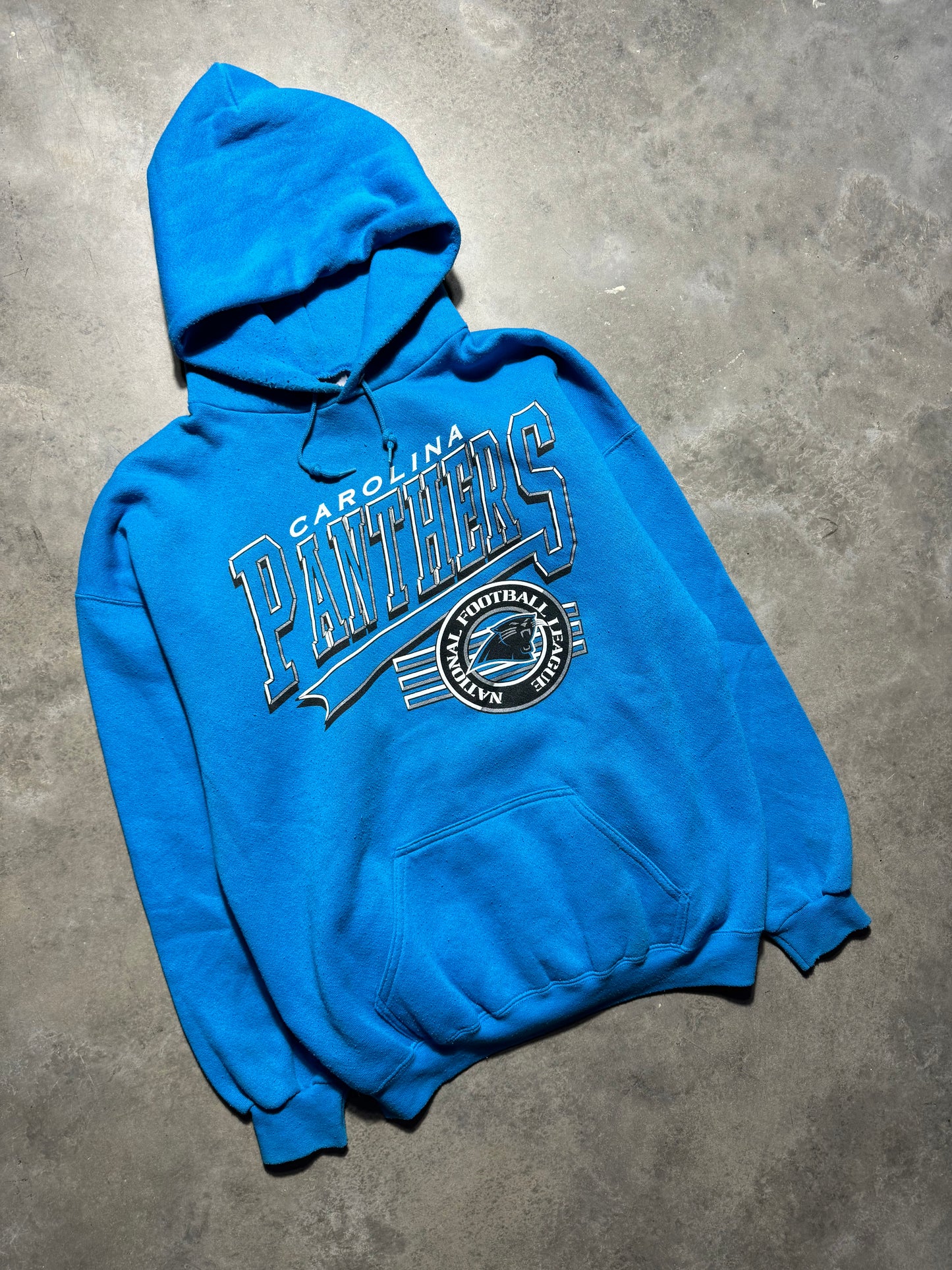 90’s Carolina Panthers Vintage Logo 7 Heavyweight Blue NFL Hoodie (XL)