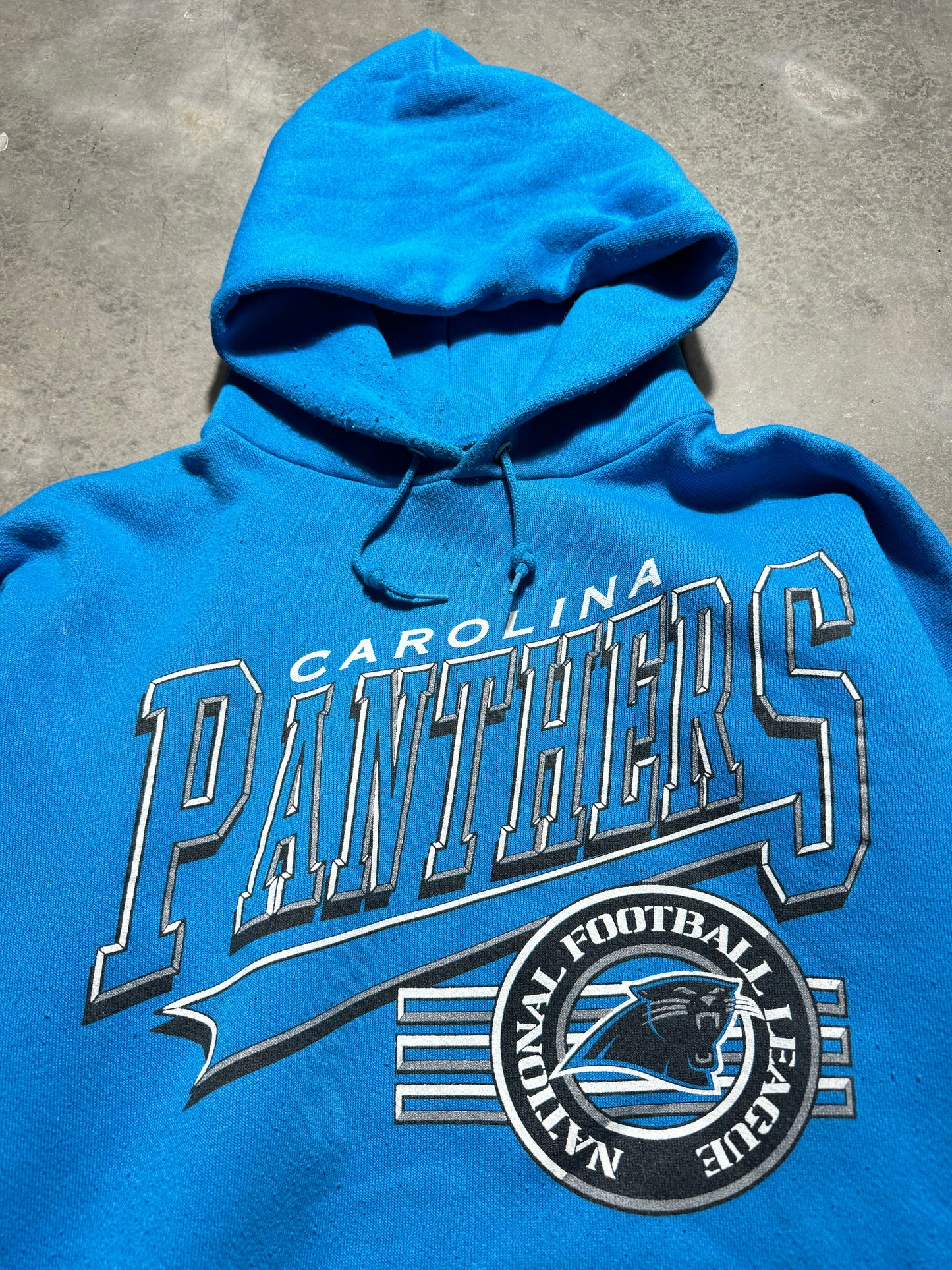 90’s Carolina Panthers Vintage Logo 7 Heavyweight Blue NFL Hoodie (XL)