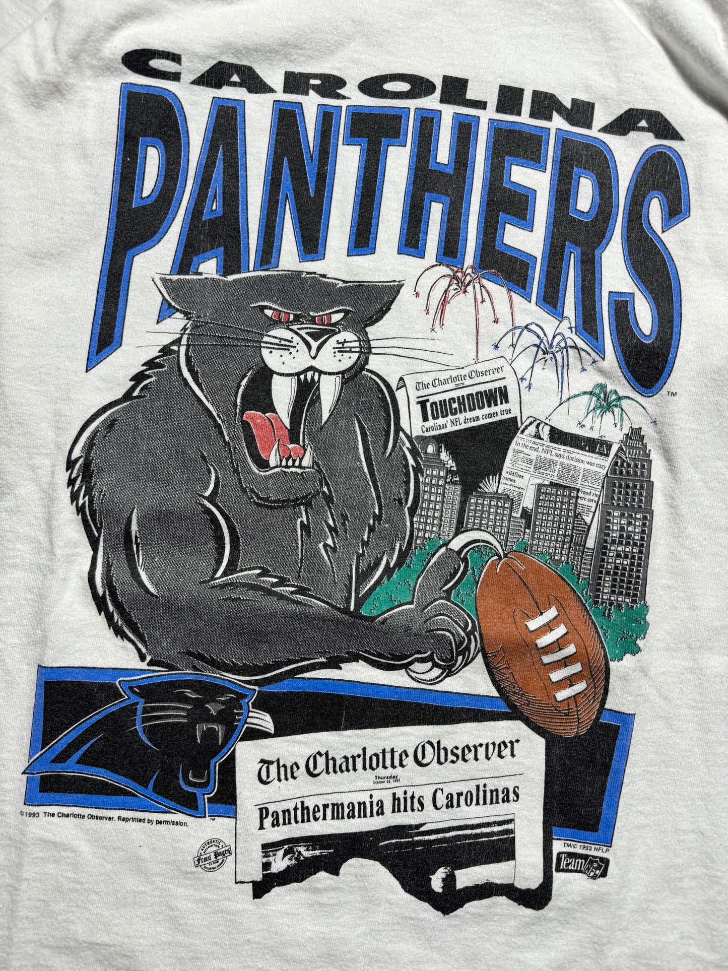 1993 Carolina Panthers “Panthermania Hits Carolinas” Franchise Announcement NFL Tee (Medium)