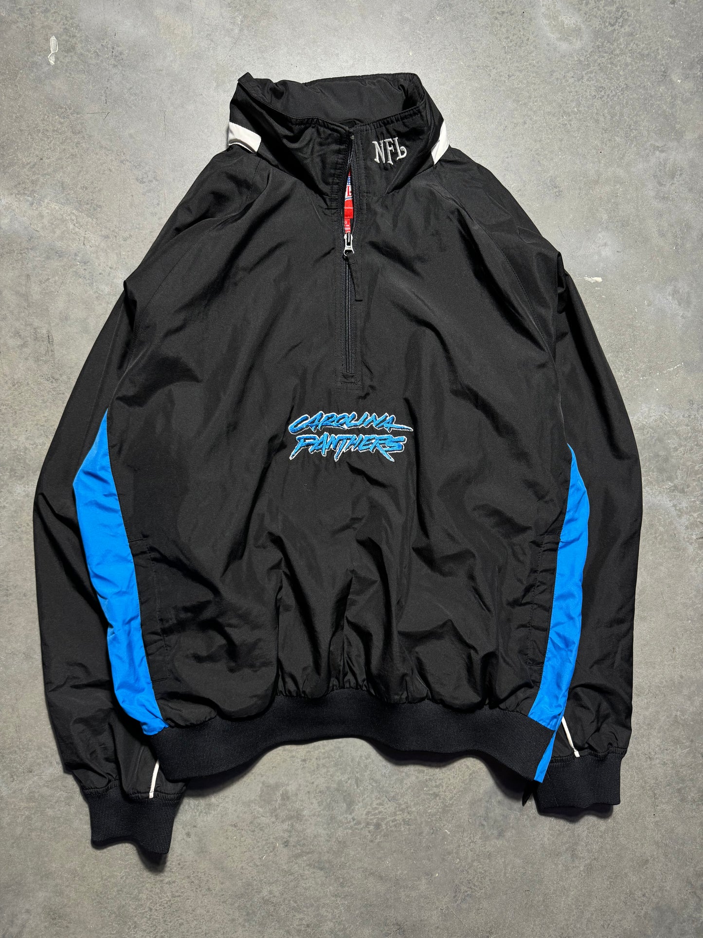 00’s Carolina Panthers Vintage Black Half Zip Cat Scratch Font Logo Anorak NFL Pullover Jacket (Large)