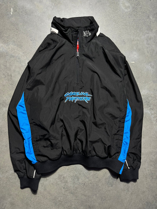 00’s Carolina Panthers Vintage Black Half Zip Cat Scratch Font Logo Anorak NFL Pullover Jacket (Large)
