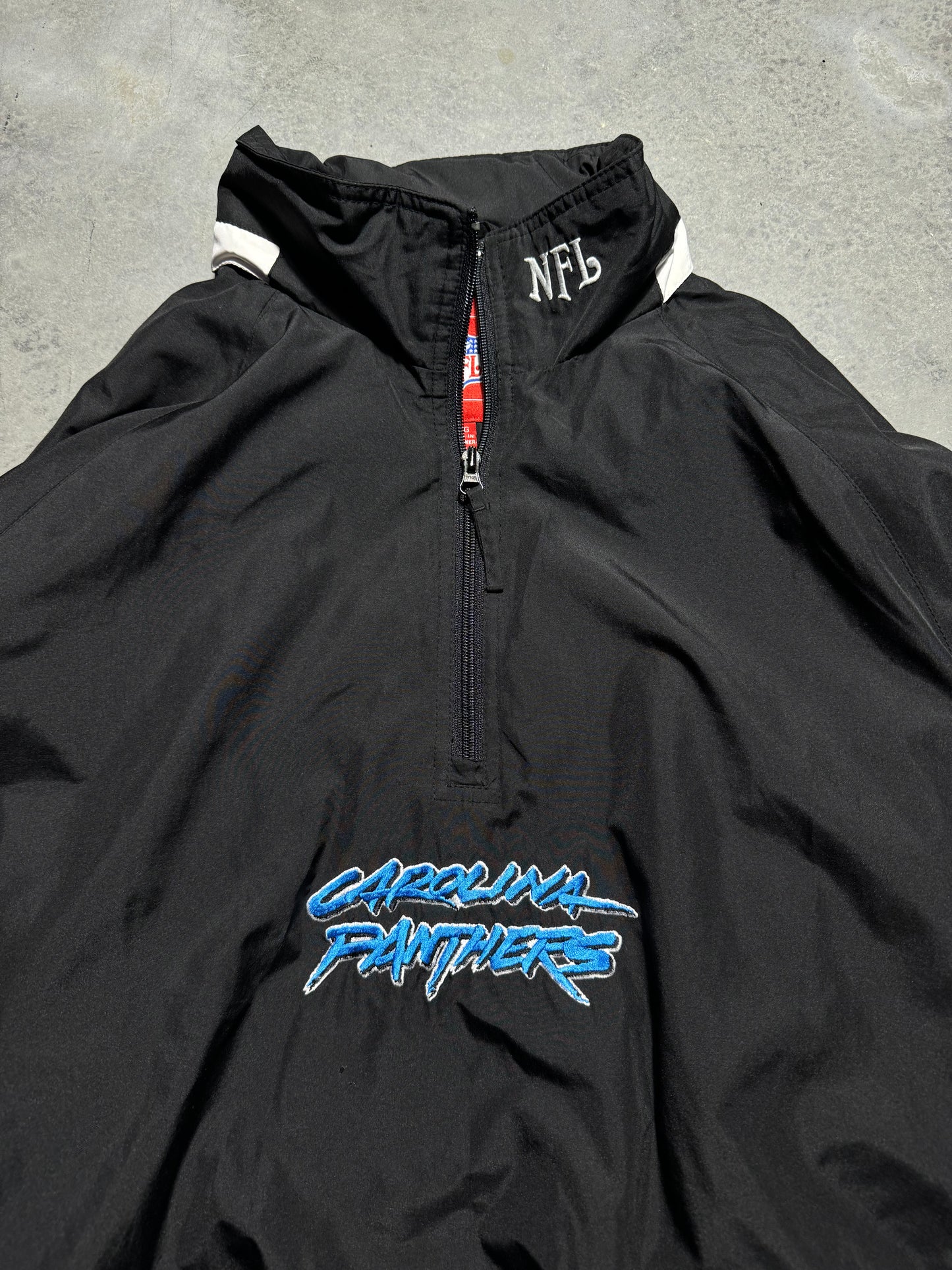00’s Carolina Panthers Vintage Black Half Zip Cat Scratch Font Logo Anorak NFL Pullover Jacket (Large)