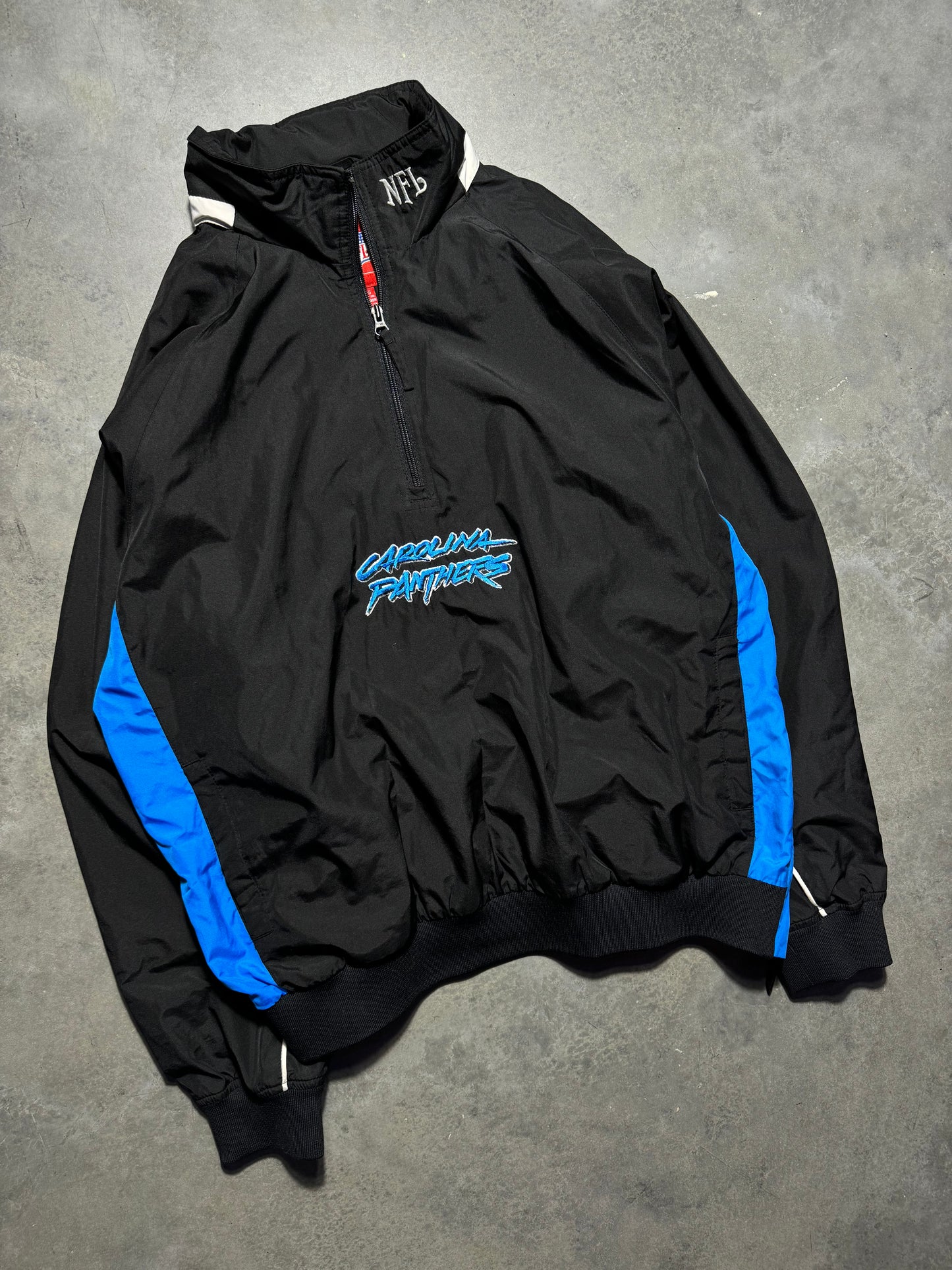 00’s Carolina Panthers Vintage Black Half Zip Cat Scratch Font Logo Anorak NFL Pullover Jacket (Large)