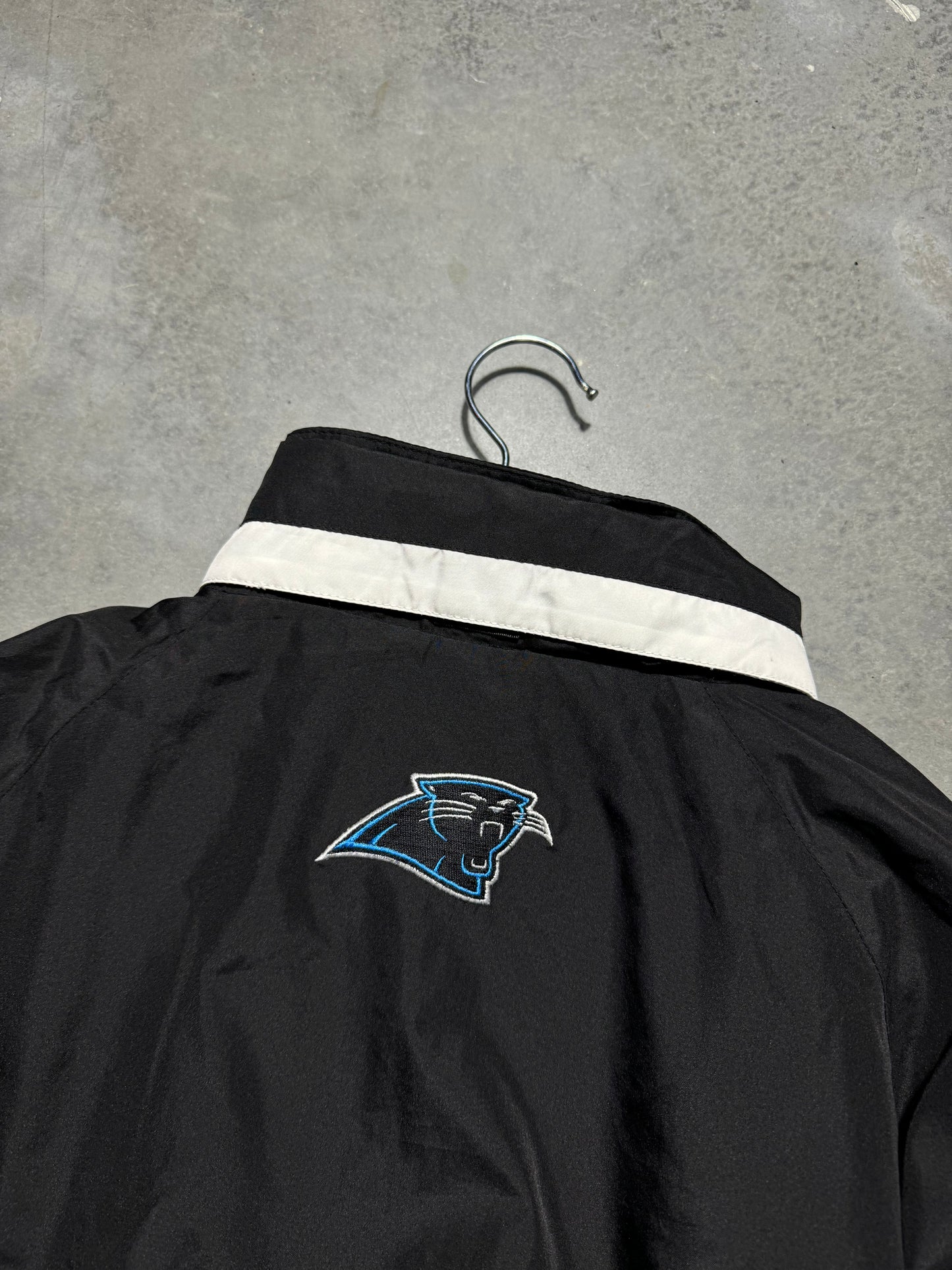 00’s Carolina Panthers Vintage Black Half Zip Cat Scratch Font Logo Anorak NFL Pullover Jacket (Large)