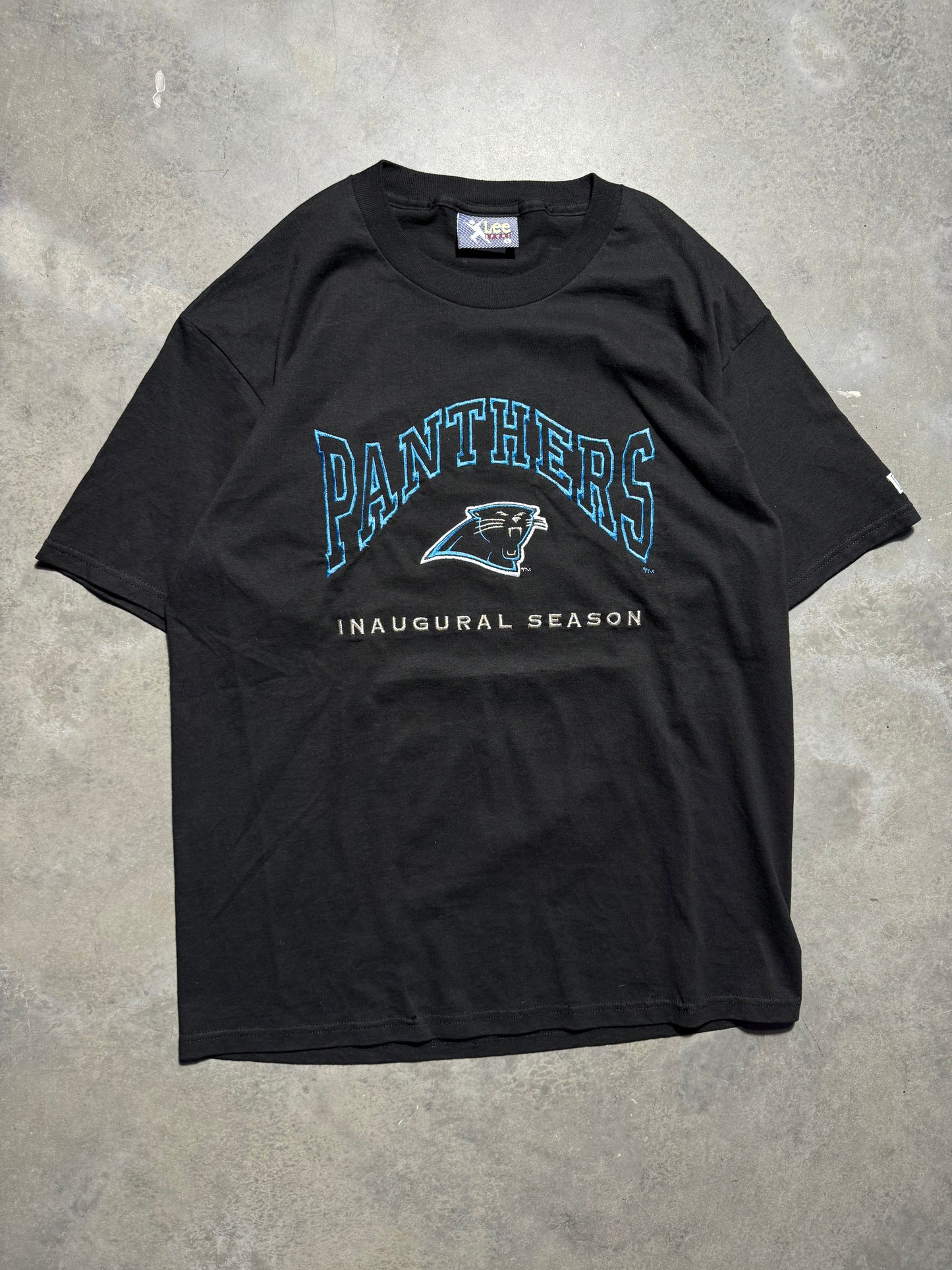1995 Carolina Panthers Vintage Black Lee Sport Embroidered Inaugural Season NFL Tee (Large)