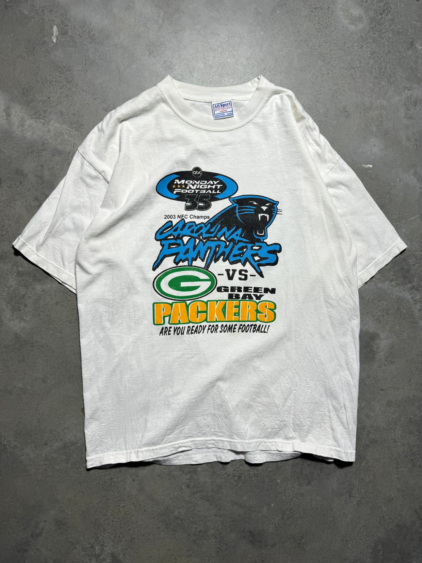 2004 Carolina Panthers vs. Green Bay Packers Monday Night Football Vintage NFL Season Kick Off Match Up Tee (XL)
