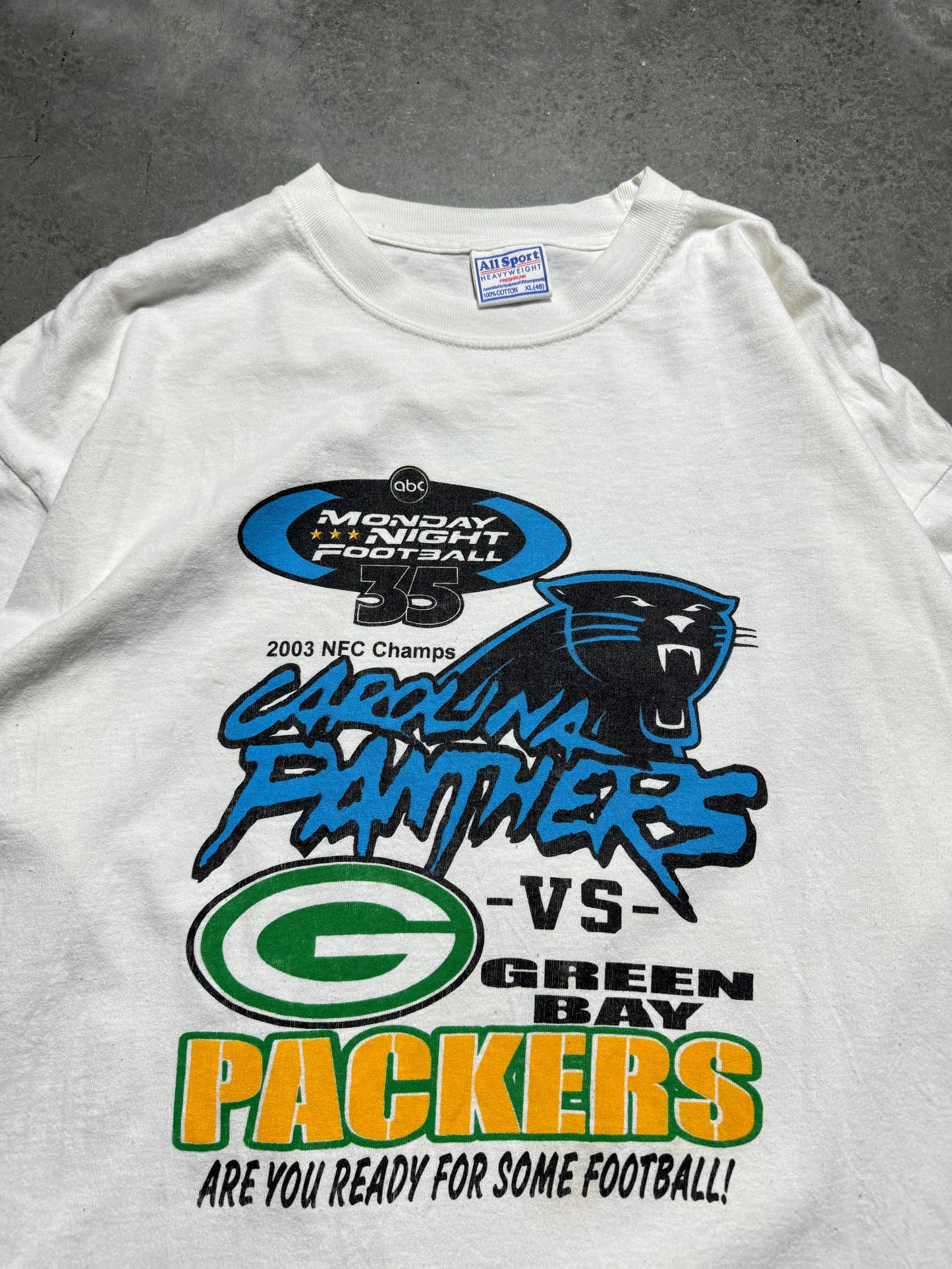 2004 Carolina Panthers vs. Green Bay Packers Monday Night Football Vintage NFL Season Kick Off Match Up Tee (XL)