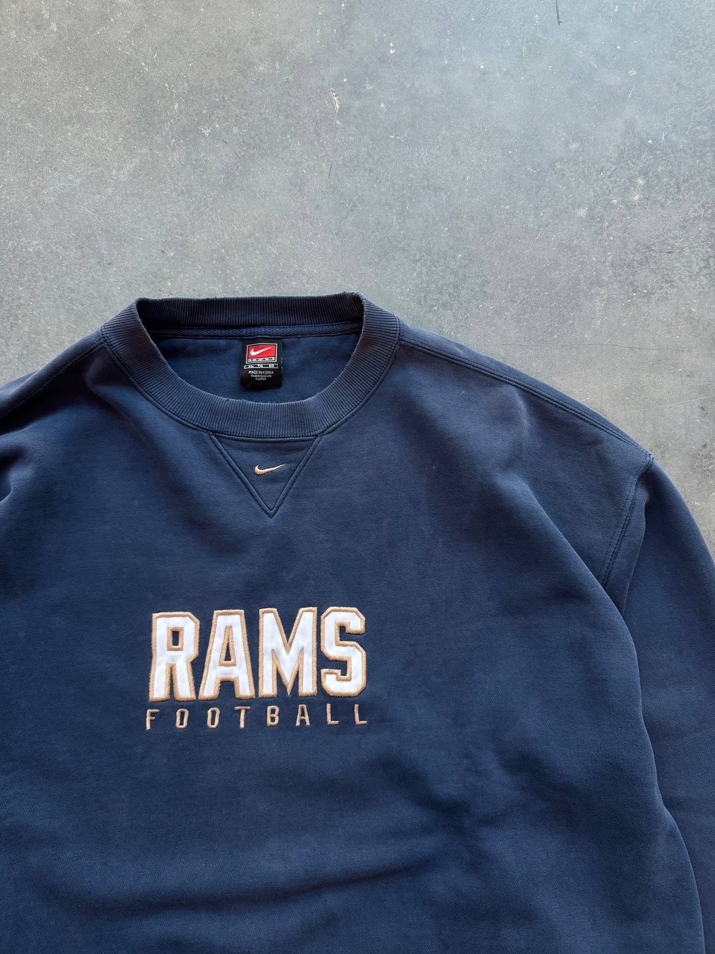 00’s St. Louis Rams Vintage Nike Mini Swoosh Super Heavyweight NFL Embroidered Crewneck (XXL)