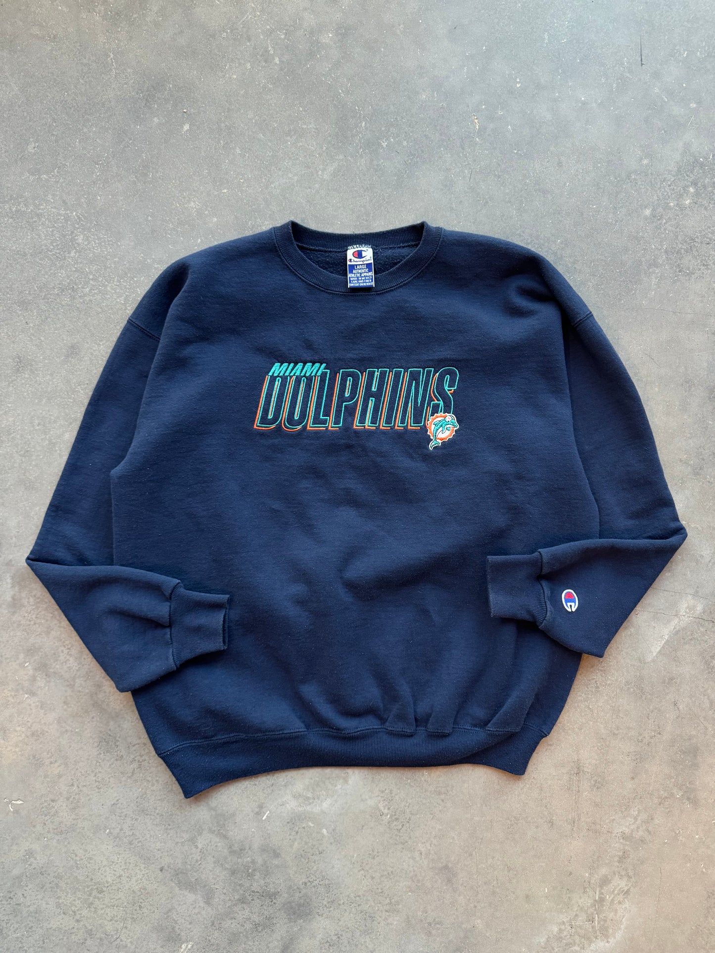 90’s Miami Dolphins Vintage Champion Navy Blue NFL Embroidered Crewneck (Large)